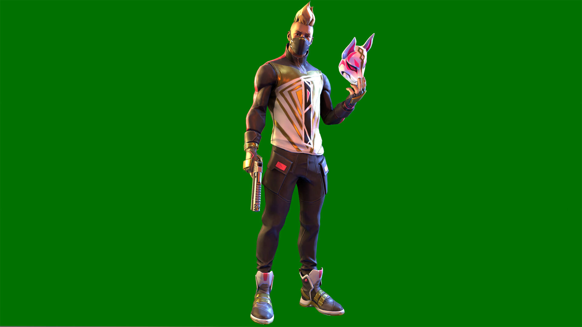 Drift Fortnite 綠色背景 壁紙 — 一個Fortnite角色，頭髮尖尖，戴著面具，手持粉紅色狐狸面具，站在純綠色屏幕前。