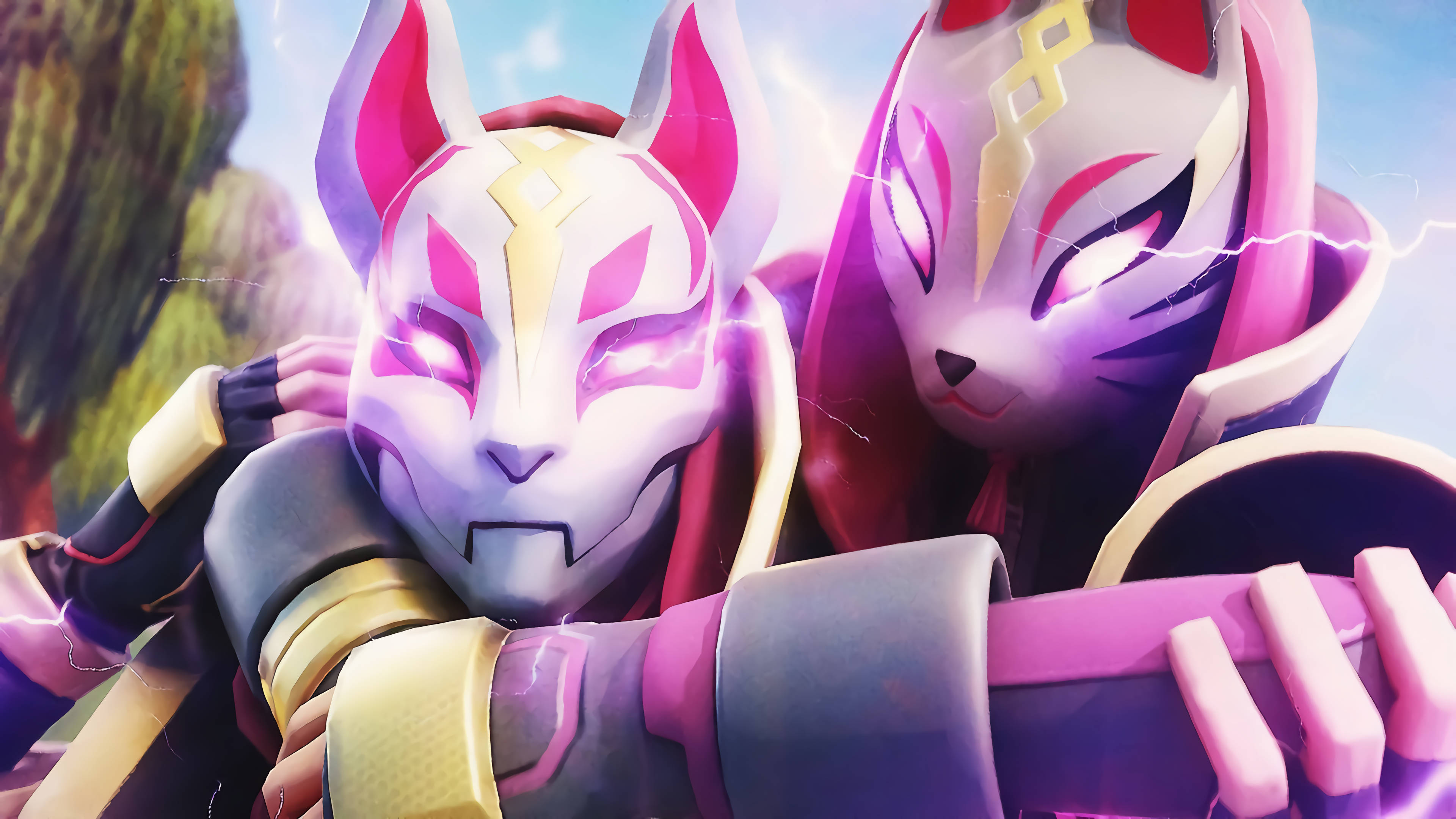 Drift Fortnite 與愛人 壁紙 — 兩個像狐狸的動漫角色，眼睛發光並帶有閃電效果，在明亮的天空下動態擺姿勢。