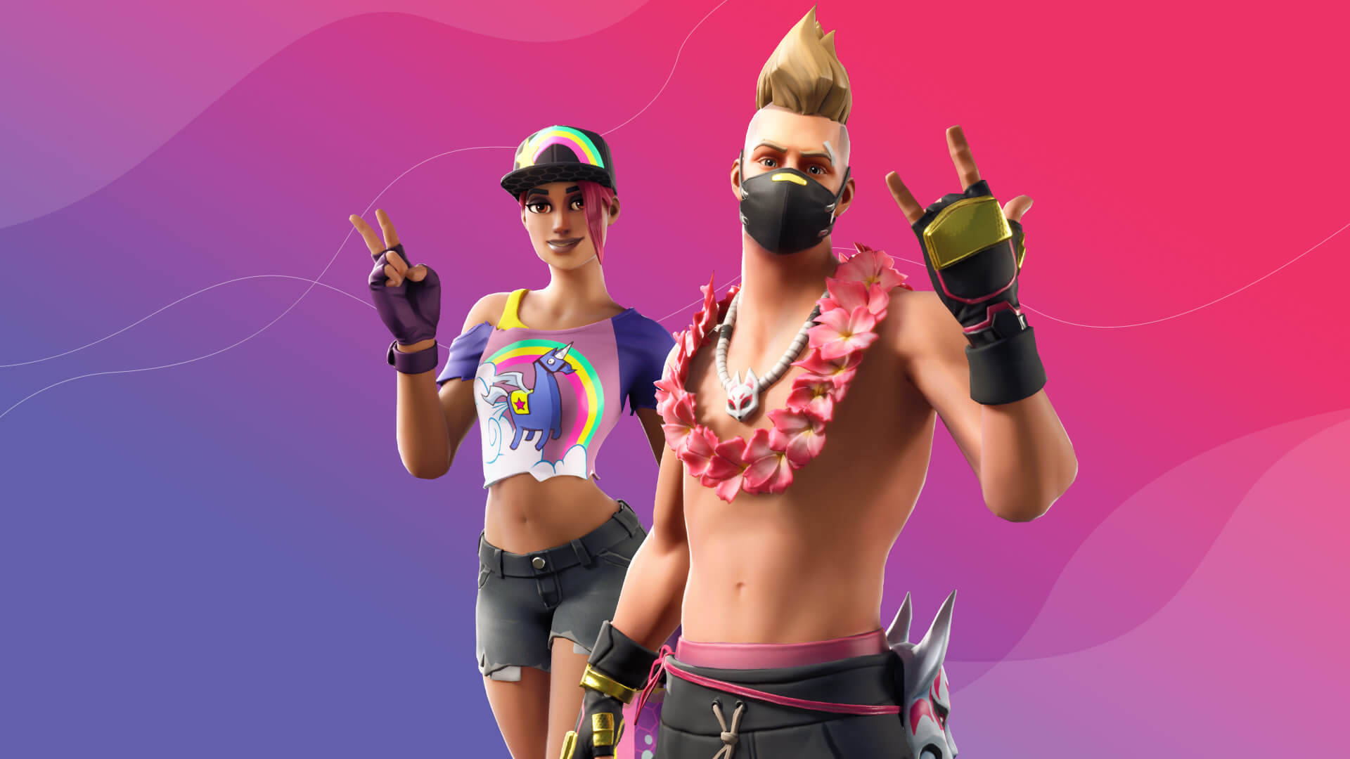 Drift Fortnite 與 Brite Bomber 壁紙 — 兩個 Fortnite 角色在充滿活力的粉紅色和紫色漸變背景上自信地擺姿勢，背景帶有流動的波浪圖案。