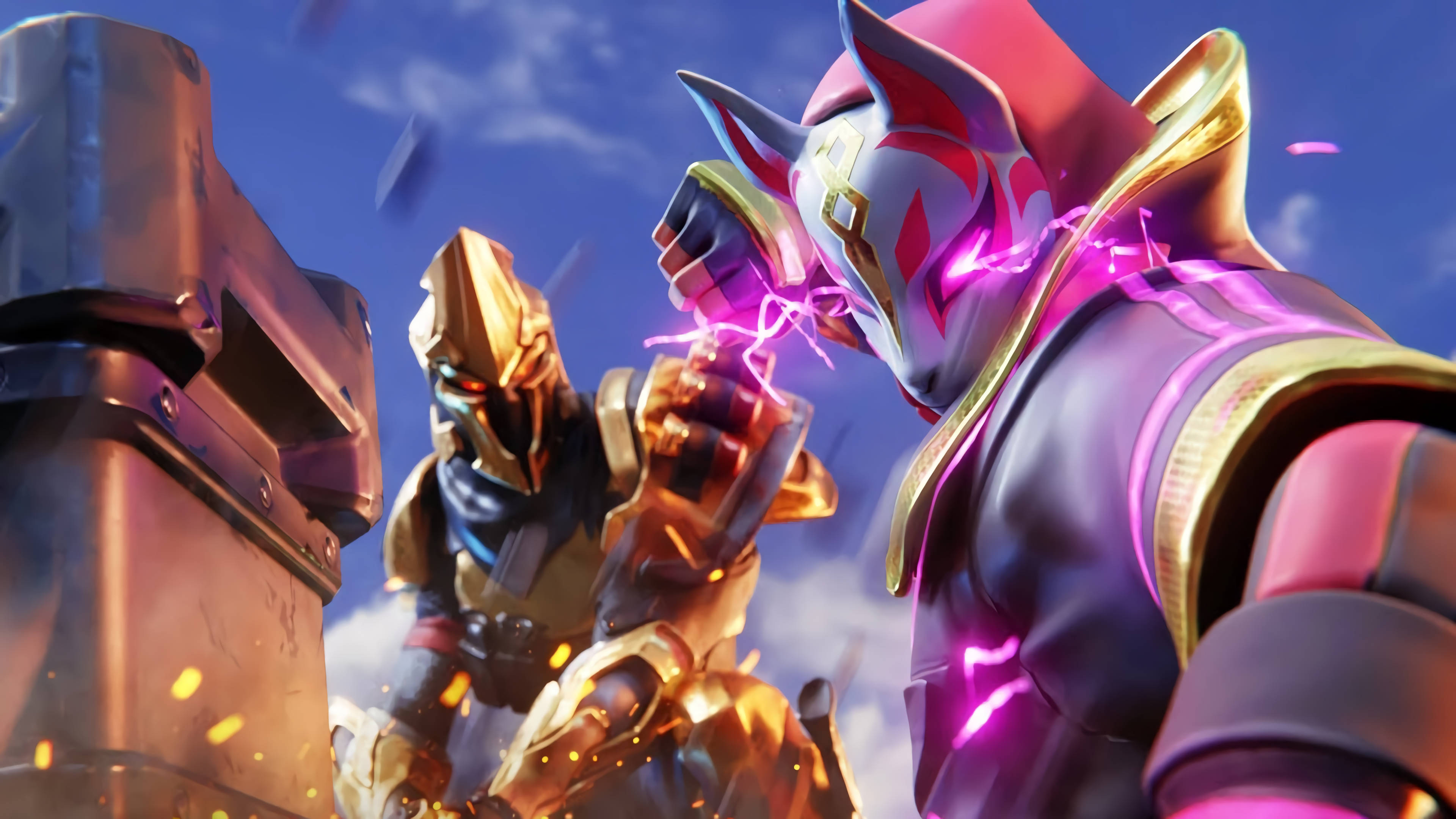 Drift Fortnite 與 Ultima Knight 壁紙 — 兩名裝甲戰士在動態戰鬥中碰撞，發光的能量火花在他們之間飛舞，背景是陰天。