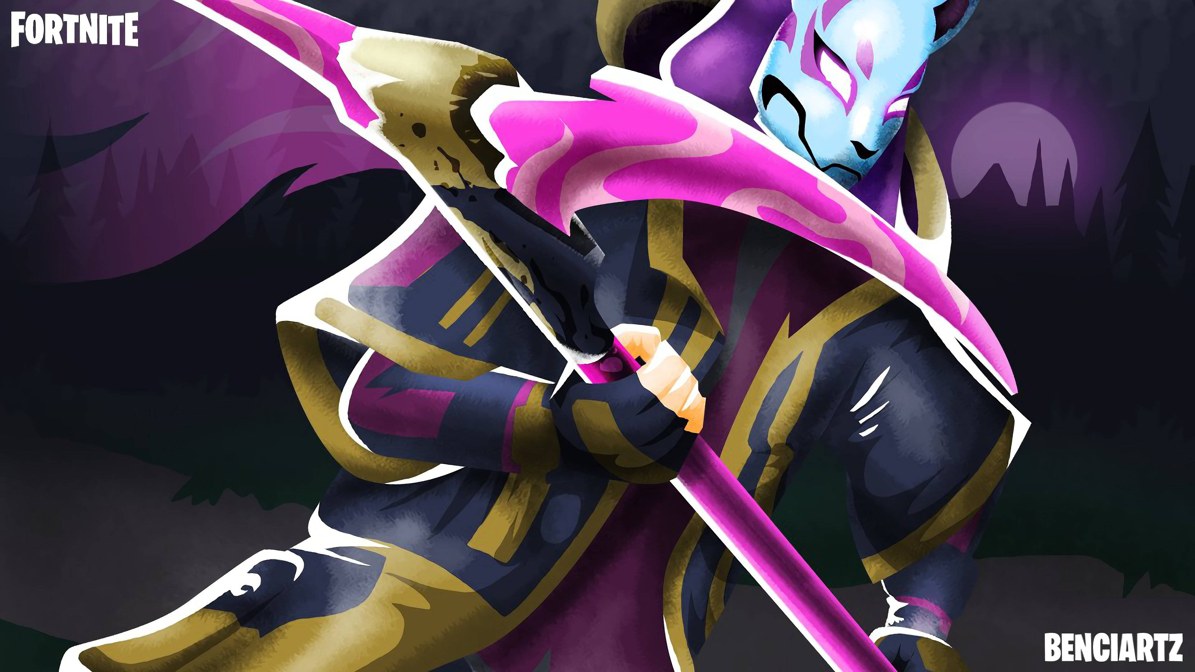 Drift Fortnite 藝術插畫 壁紙 — 一個藍面、身穿紫金盔甲的Fortnite角色在黑暗森林背景下揮舞著發光的粉紅色斧頭。