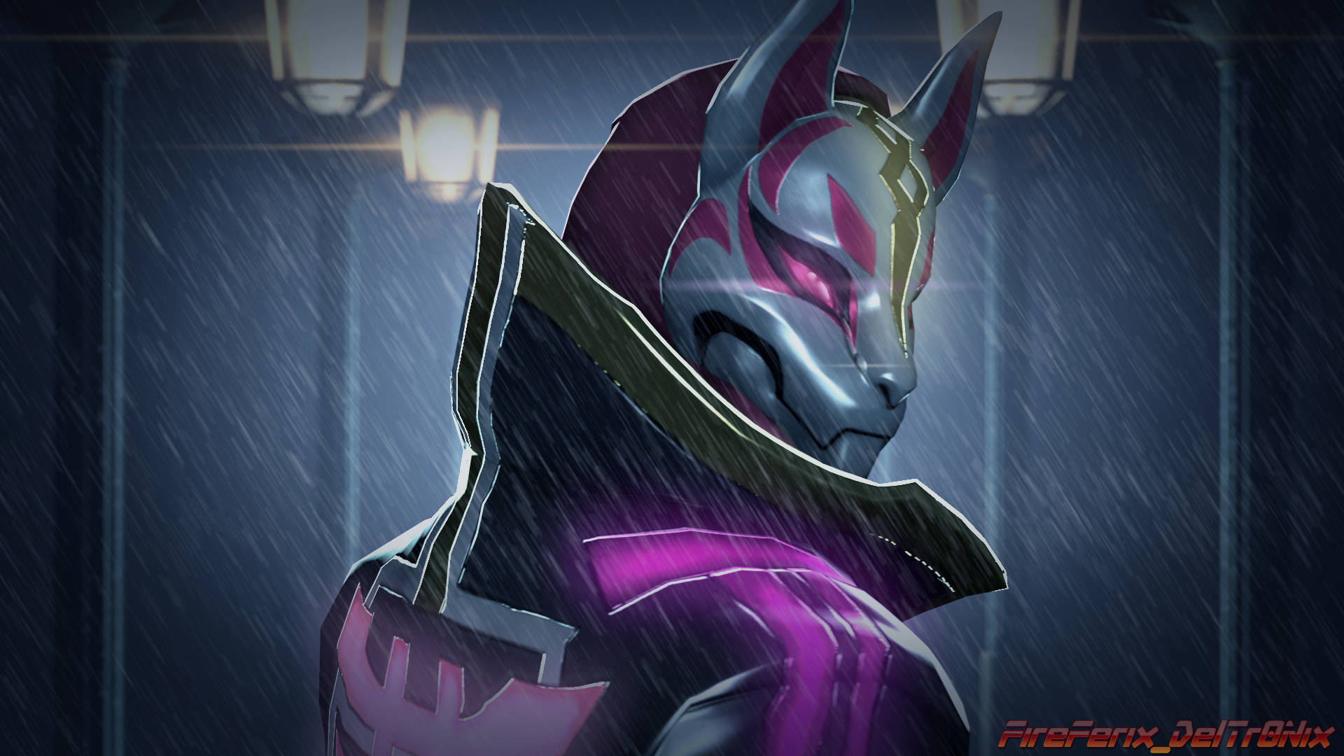 Drift Fortnite 雨中身影 壁紙 — 一個戴面具的動漫角色，穿著紫色和銀色盔甲，站在雨中後巷，燈籠發光。