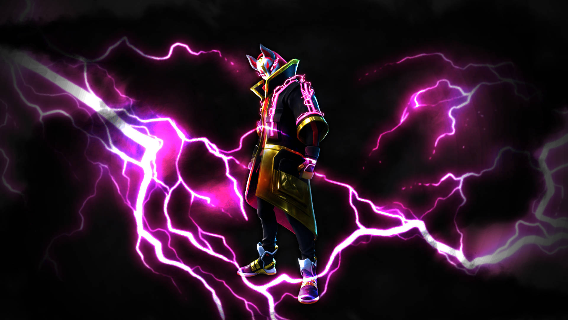 Drift Fortnite 電子藝術作品（閃電版） 壁紙 — 一個風格化的動漫角色站在噼啪作響的紫色閃電中，背景是黑暗的暴風雨。