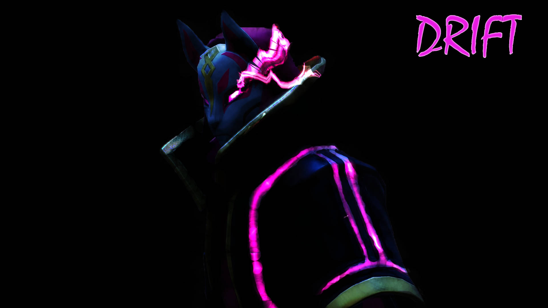 Drift Fortnite 霓虹藝術 壁紙 — 一個風格化的動漫角色，帶有發光的粉紅色點綴和貓耳朵，站在黑暗中，帶有粉紅色文字DRIFT。