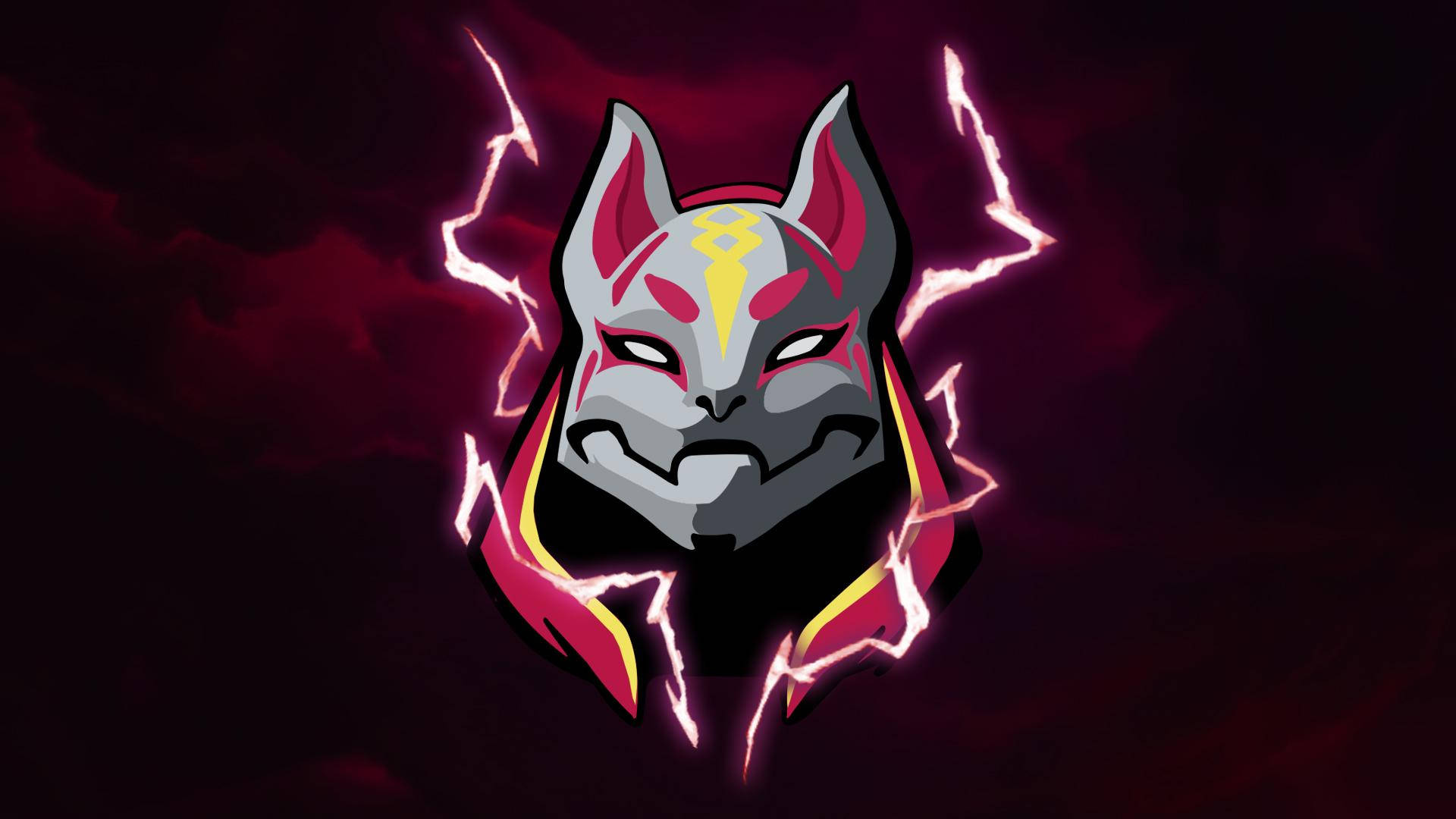 Drift Fortnite 面具數位渲染 壁紙 — 一個風格化的狐狸面具，帶有發光的黃色標記和噼啪作響的粉紅色閃電，背景是深紅色的暴風雨天空。