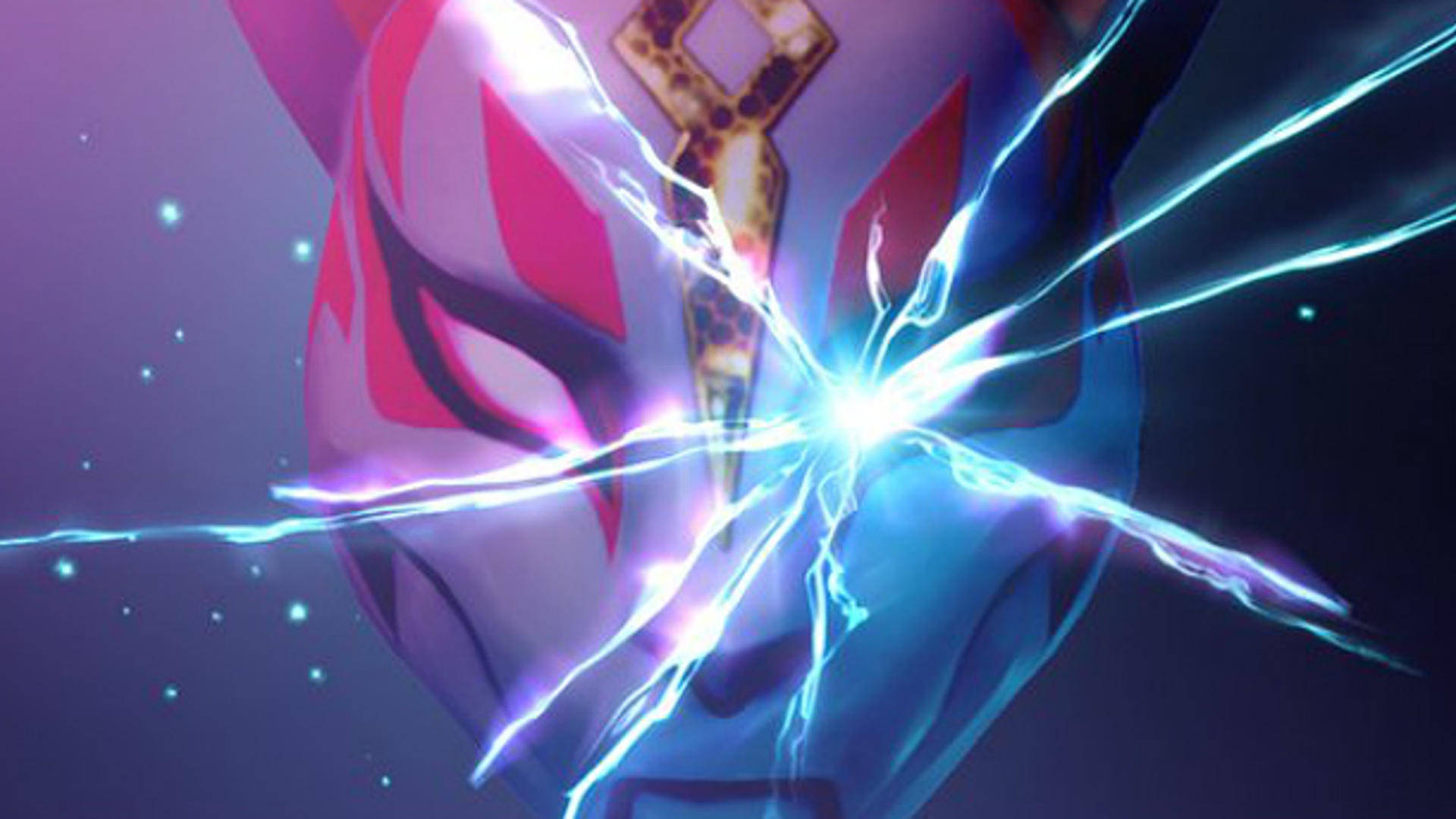 Drift Fortnite 面具粉絲藝術 壁紙 — 一個發光面具，表面有粉紅色和藍色的能量裂紋，背景是星空紫色。