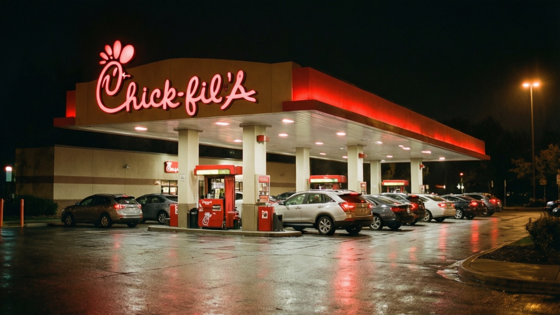 夜晚的Chick-fil-A餐廳，帶有發光的紅色霓虹燈標誌和潮濕停車場的倒影。