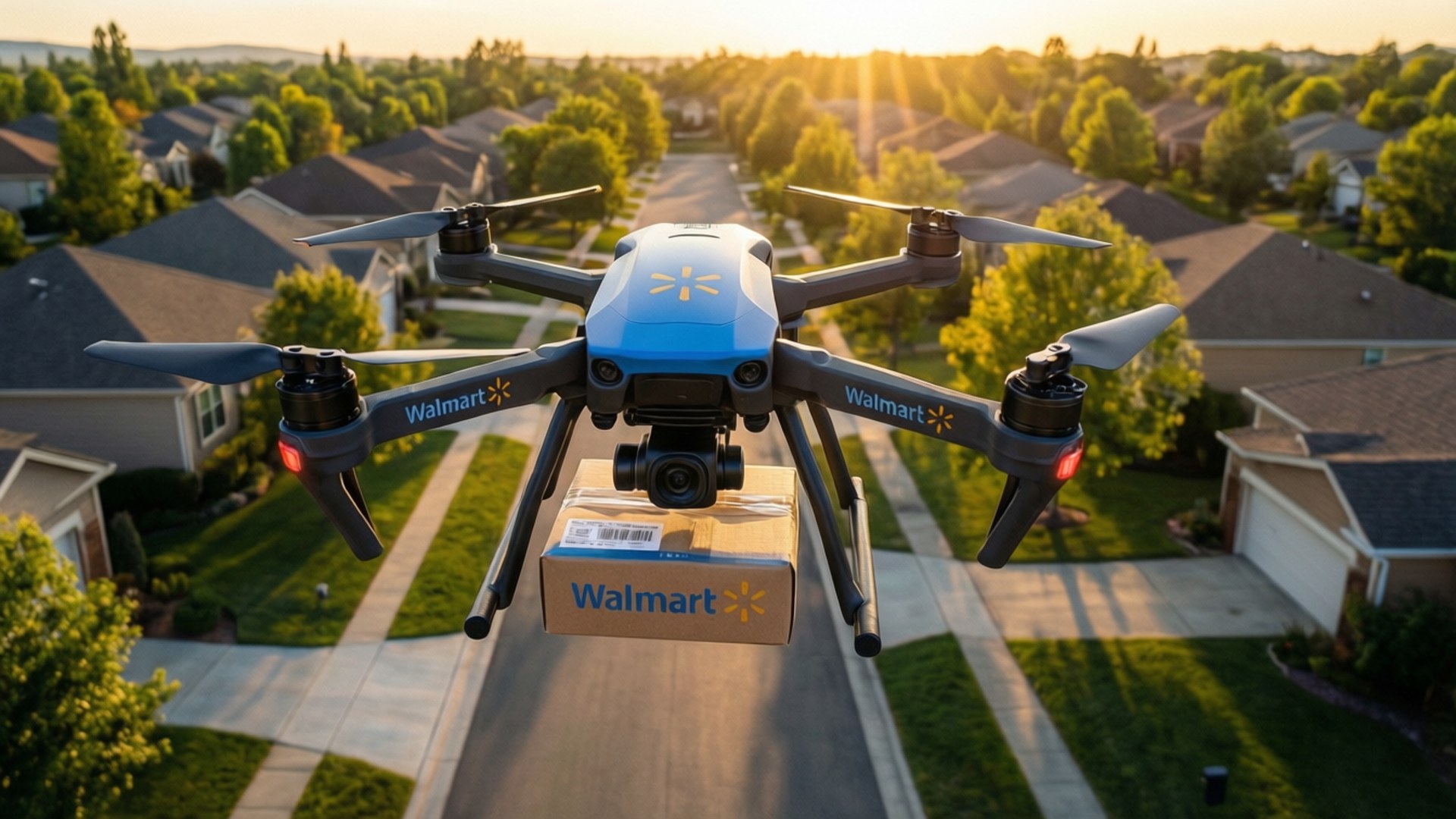 Walmart無人機在日落時分於郊區社區上空運送包裹
