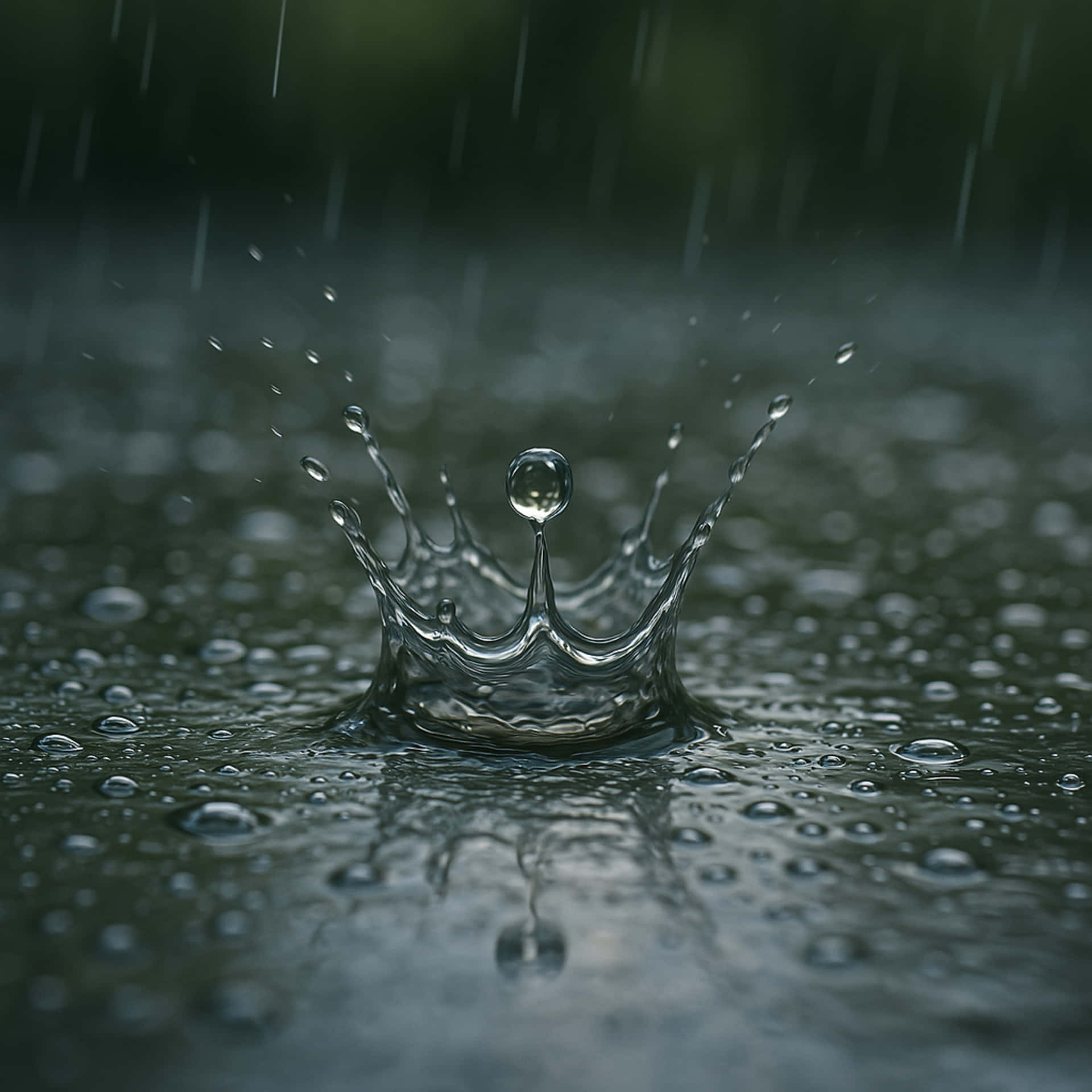 雨點水花皇冠在潮濕表面，模糊綠色背景