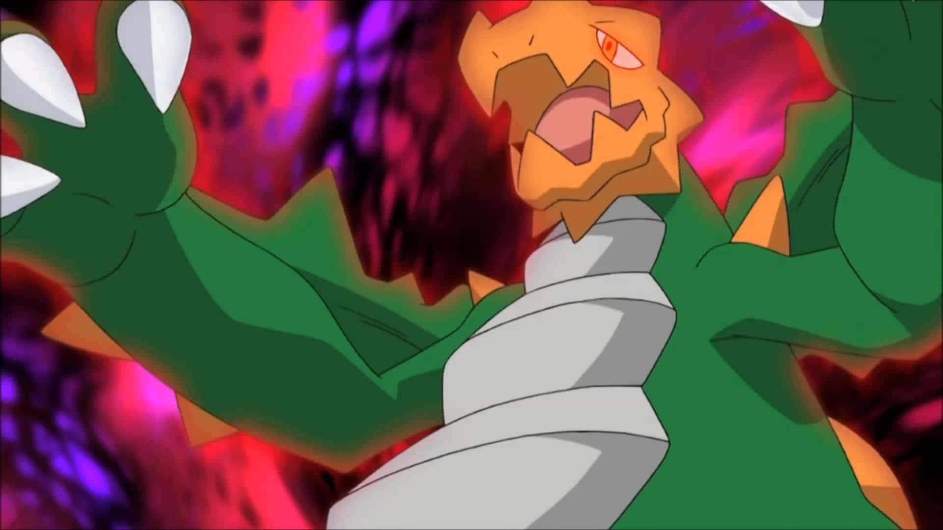 Druddigon 動畫戰鬥場景 壁紙 — 一隻兇猛的動漫龍，綠色身體橙色頭，在熾熱的紫紅色背景上咆哮。