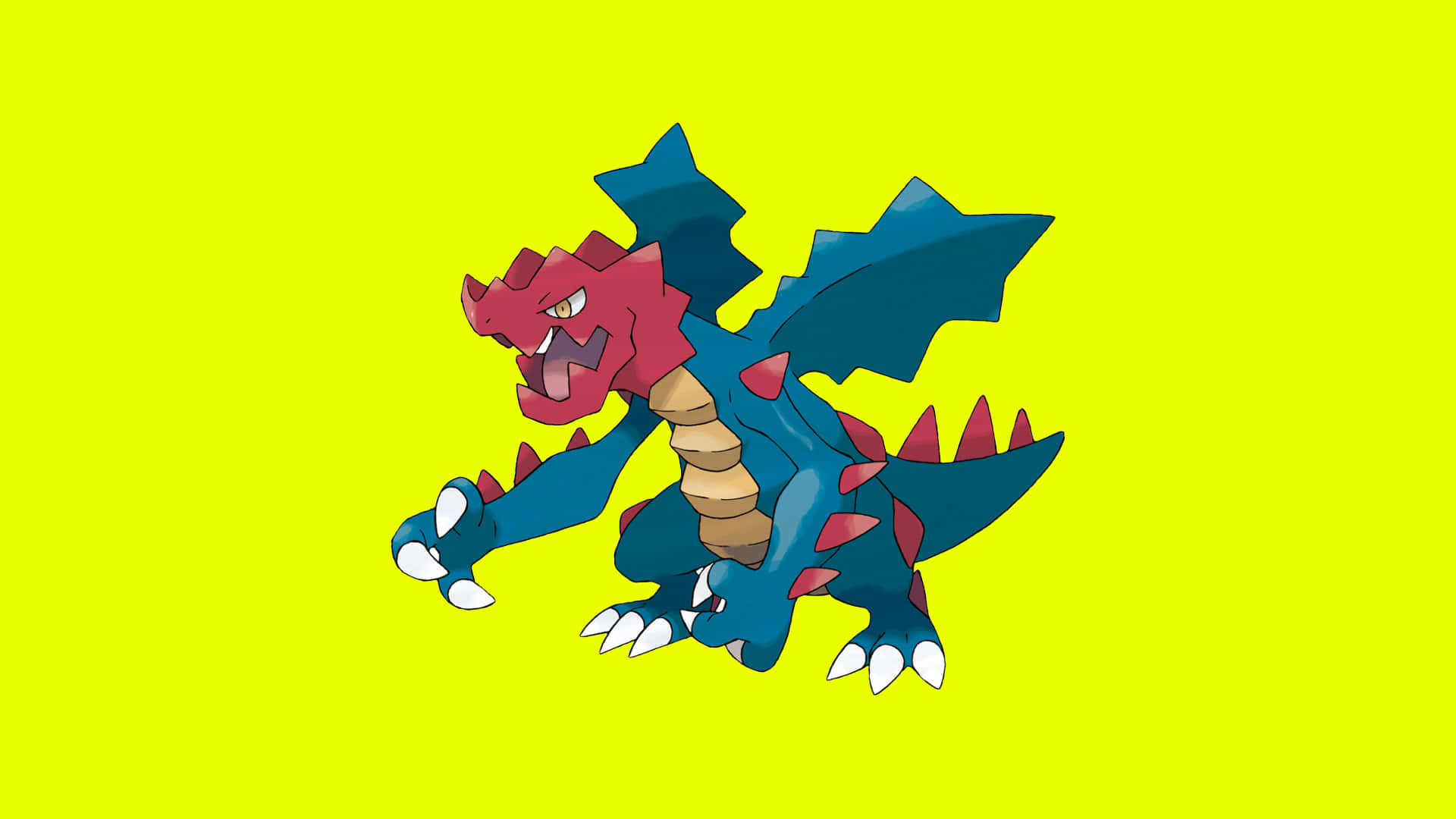 Druddigon 寵物藝術圖 壁紙 — 一隻兇猛的藍色和紅色龍系寶可夢在明亮的黃色背景前咆哮。