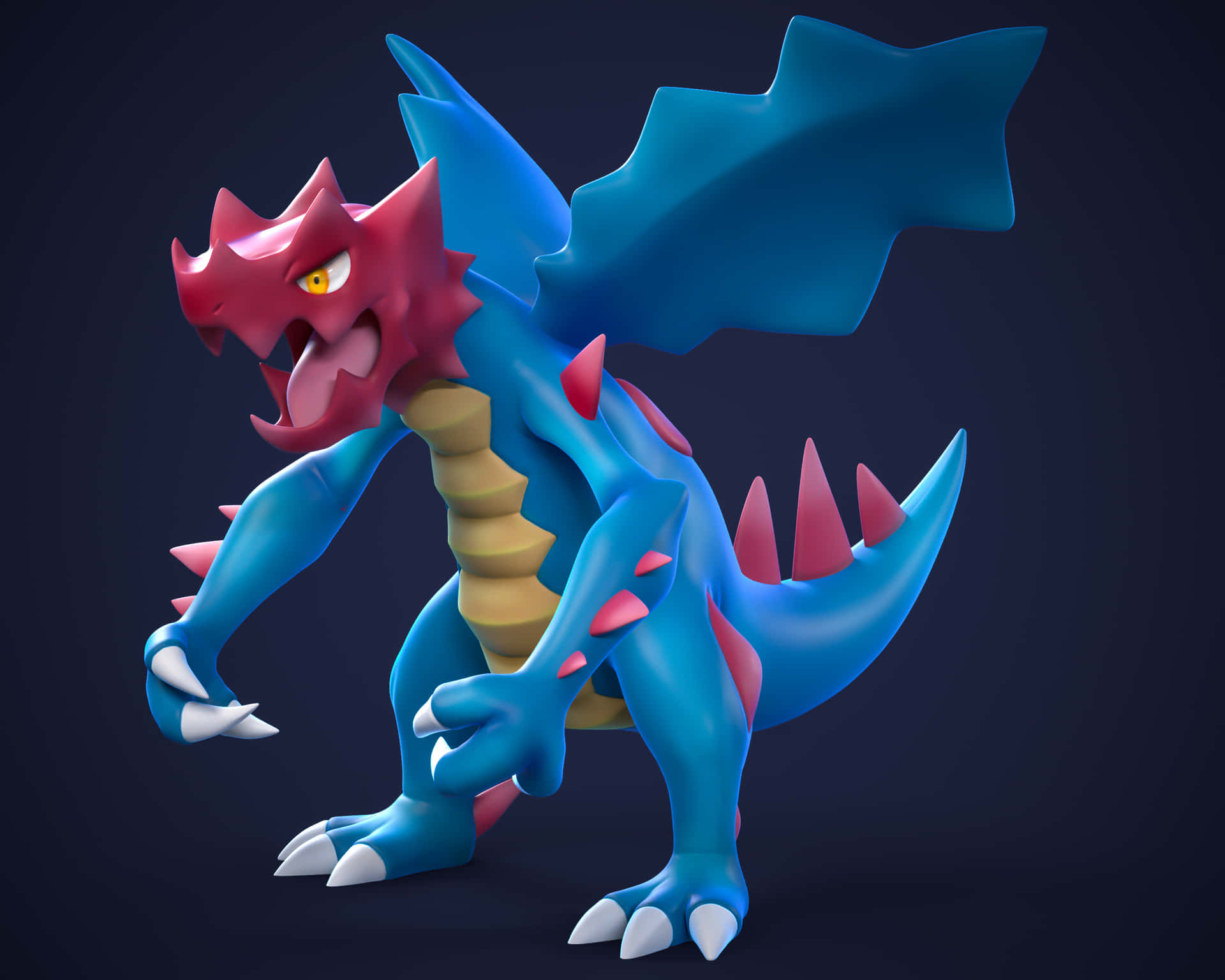 Druddigon 寶可夢 3D 呈現 壁紙 — 一隻兇猛的藍色和粉紅色龍，有尖刺的角和翅膀，在黑暗背景中咆哮。