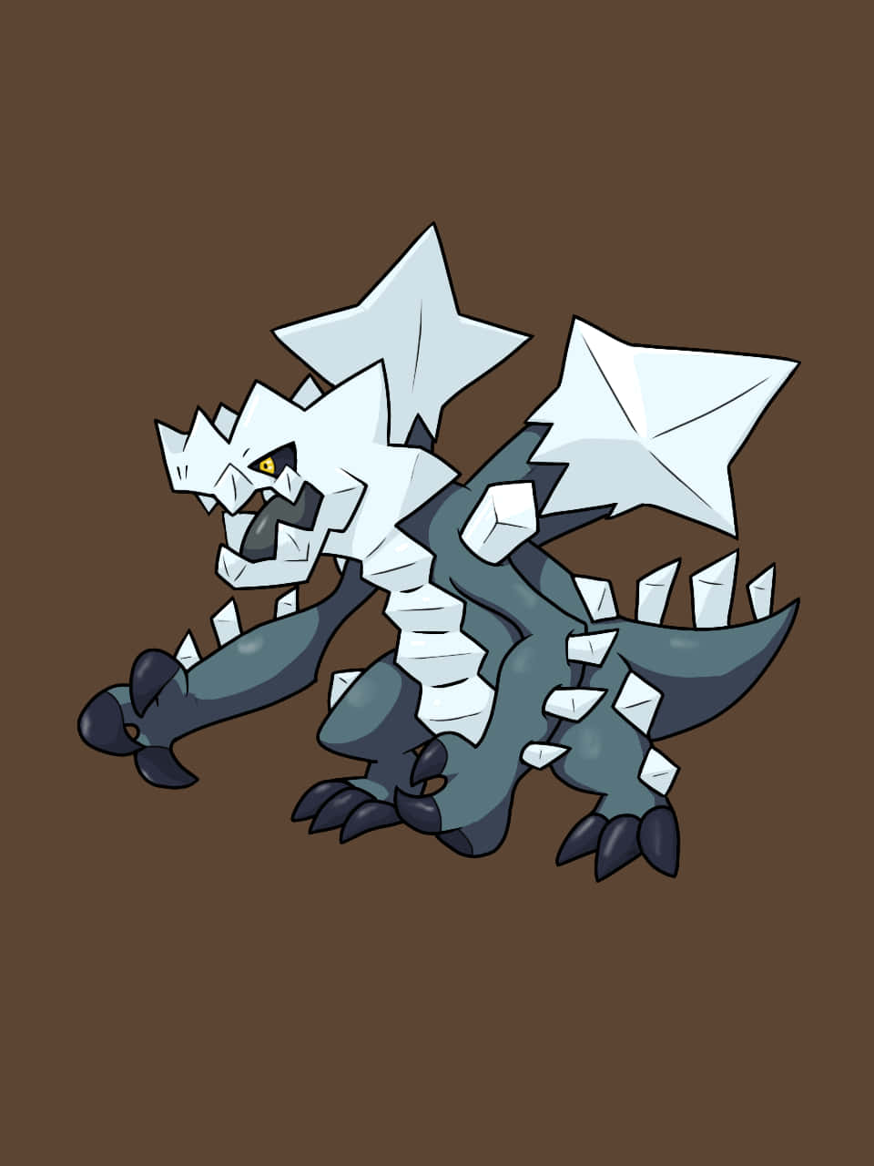 Druddigon 寶可夢 插畫 壁紙 — 一隻兇猛的晶體龍，擁有星形翅膀和鋸齒狀冰碎片，對著純棕色背景咆哮。