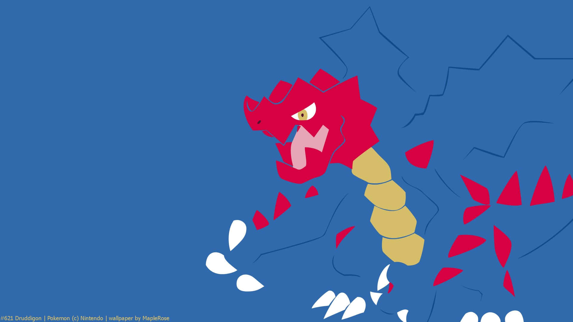 Druddigon 寶可夢 粉絲藝術壁紙 壁紙 — 一隻風格化的紅龍，黃色眼睛和白色爪子，穿過帶有鋸齒狀輪廓的藍色背景。