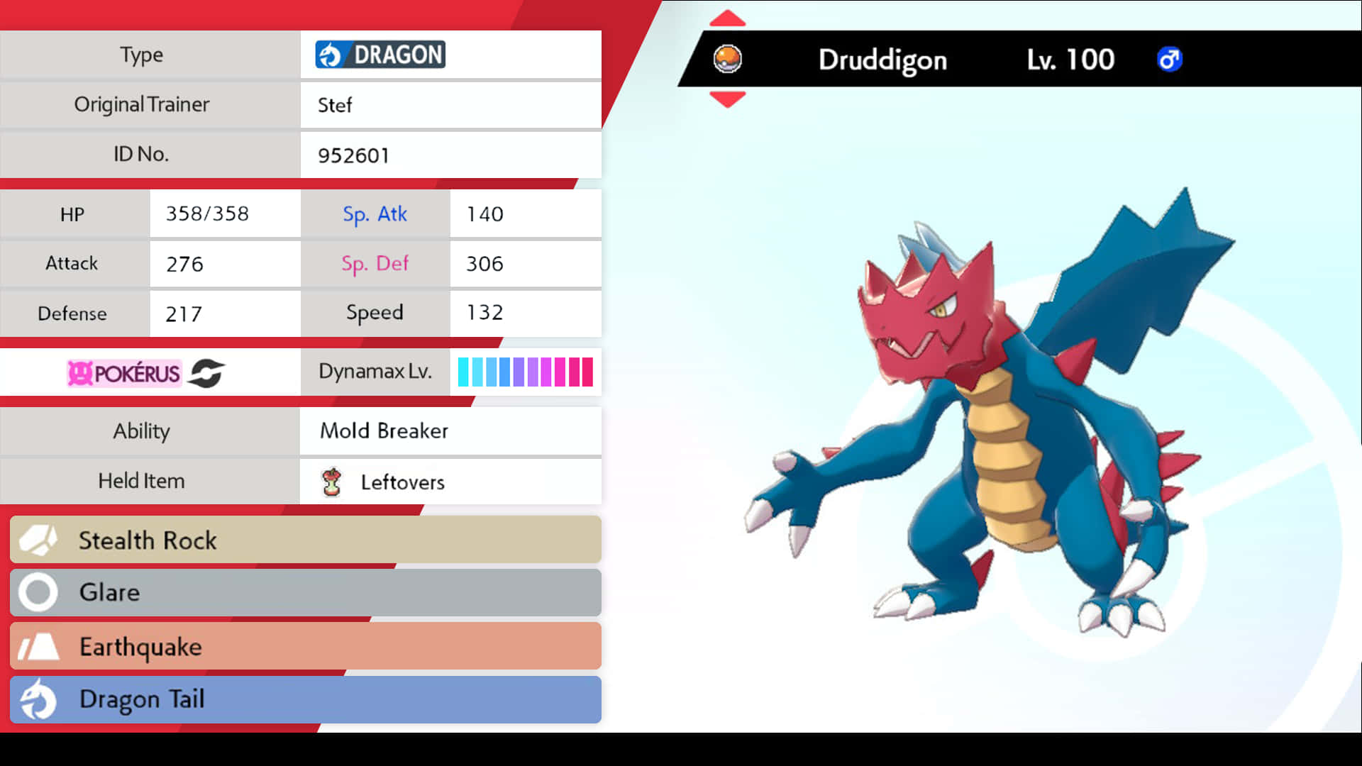 Druddigon 寶可夢 統計與詳情 壁紙 — 一隻名為 Drudigon 的藍紅龍系寶可夢站在顯示狀態和招式的戰鬥介面中。