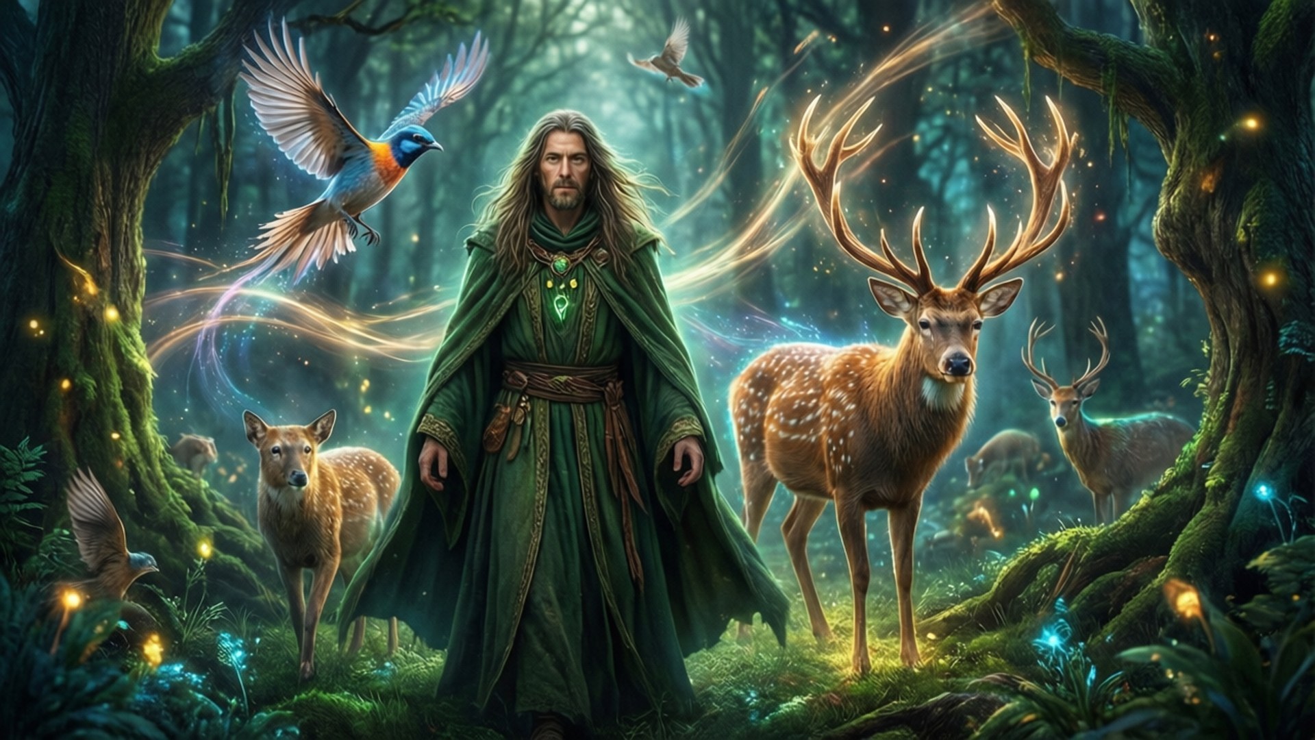 一位身穿綠色長袍的巫師站在一個魔法森林中，鹿和鳥在他周圍發光。