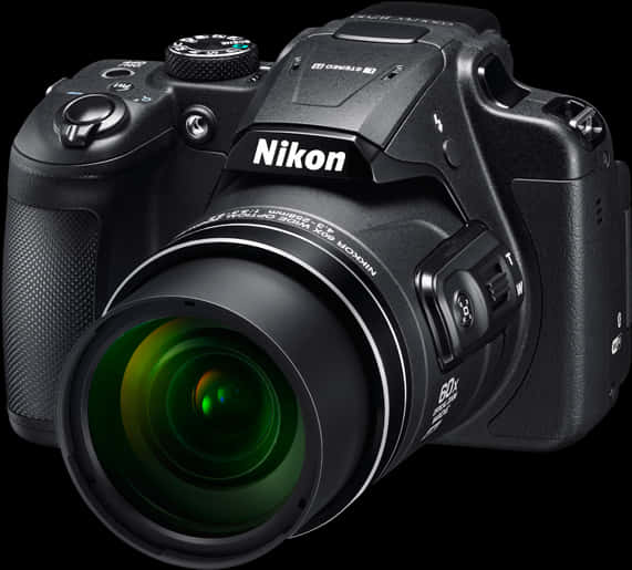 尼康 DSLR 相機配變焦鏡頭 壁紙 — 一部時尚的黑色Nikon相機，配備大型鏡頭，在深色背景上發出綠色光芒。