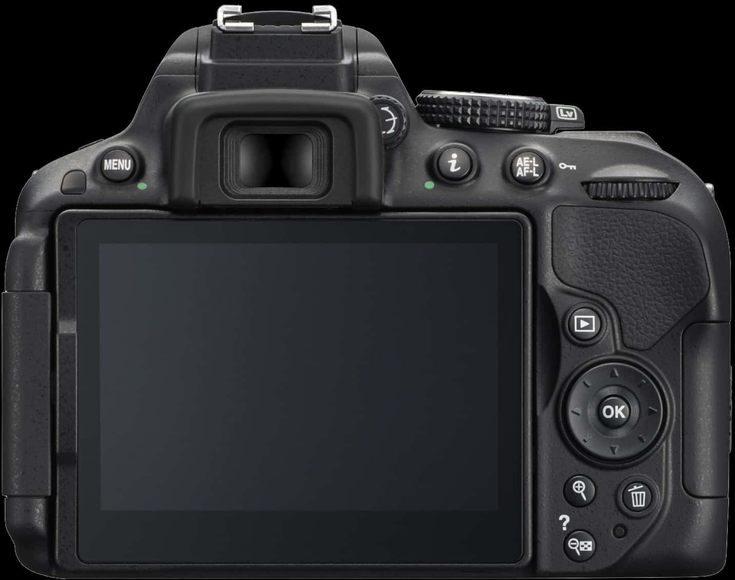專業 DSLR 相機背面視圖 壁紙 — 黑色DSLR相機背面的特寫，顯示LCD屏幕和控制按鈕，背景為深色。