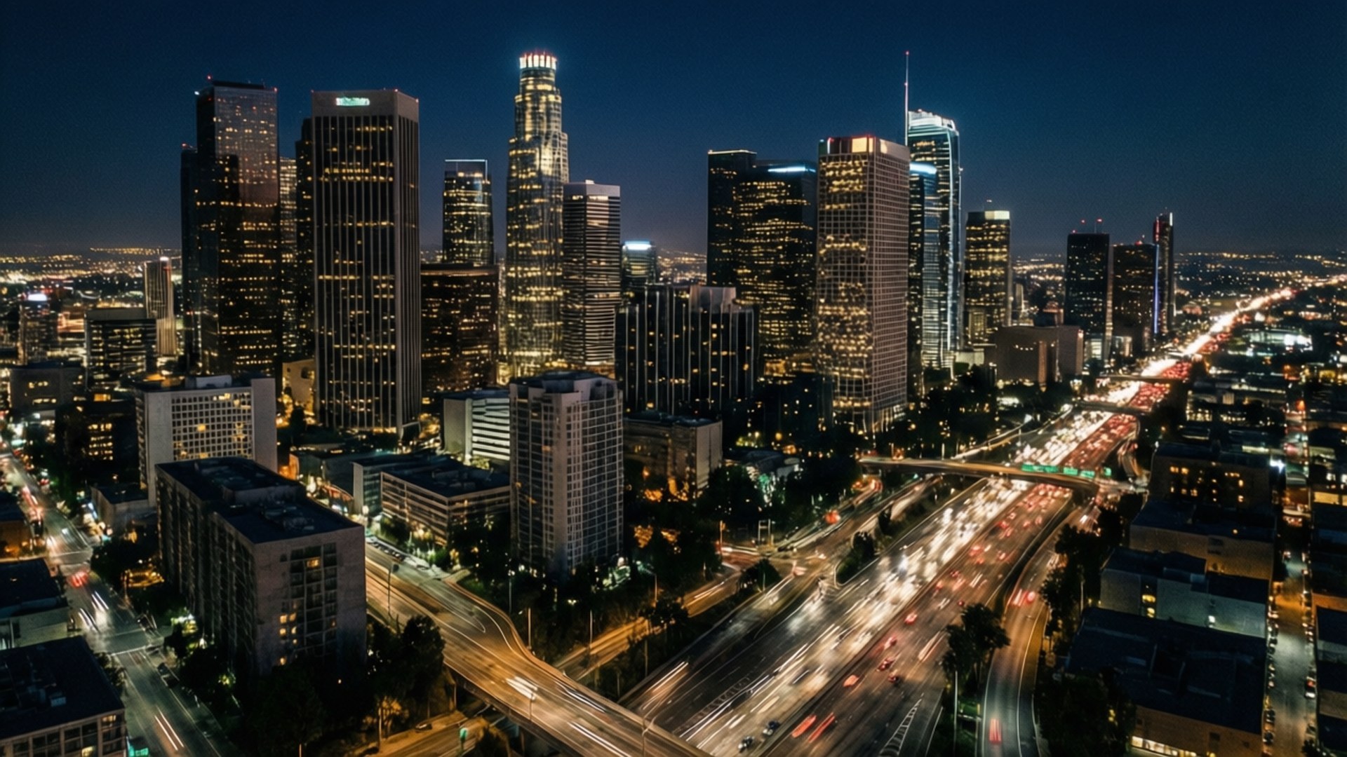 洛杉磯市中心夜晚的空中景觀，燈火通明的建築物和交通光跡。