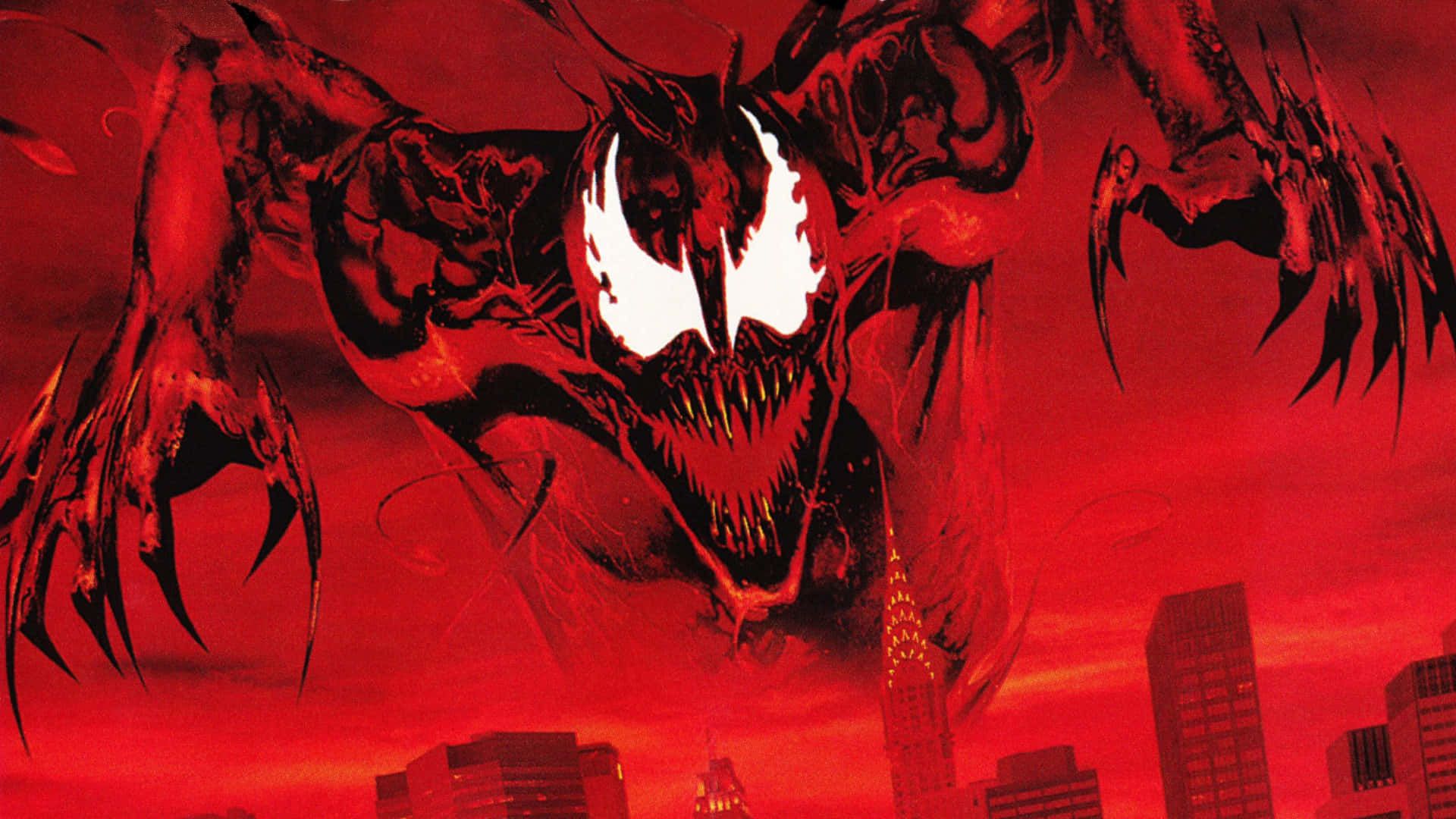 Maximum Carnage 桌布 壁紙 — 毒液在血紅的天空下籠罩著城市天際線，擁有發光的白色眼睛和鋒利的爪子。