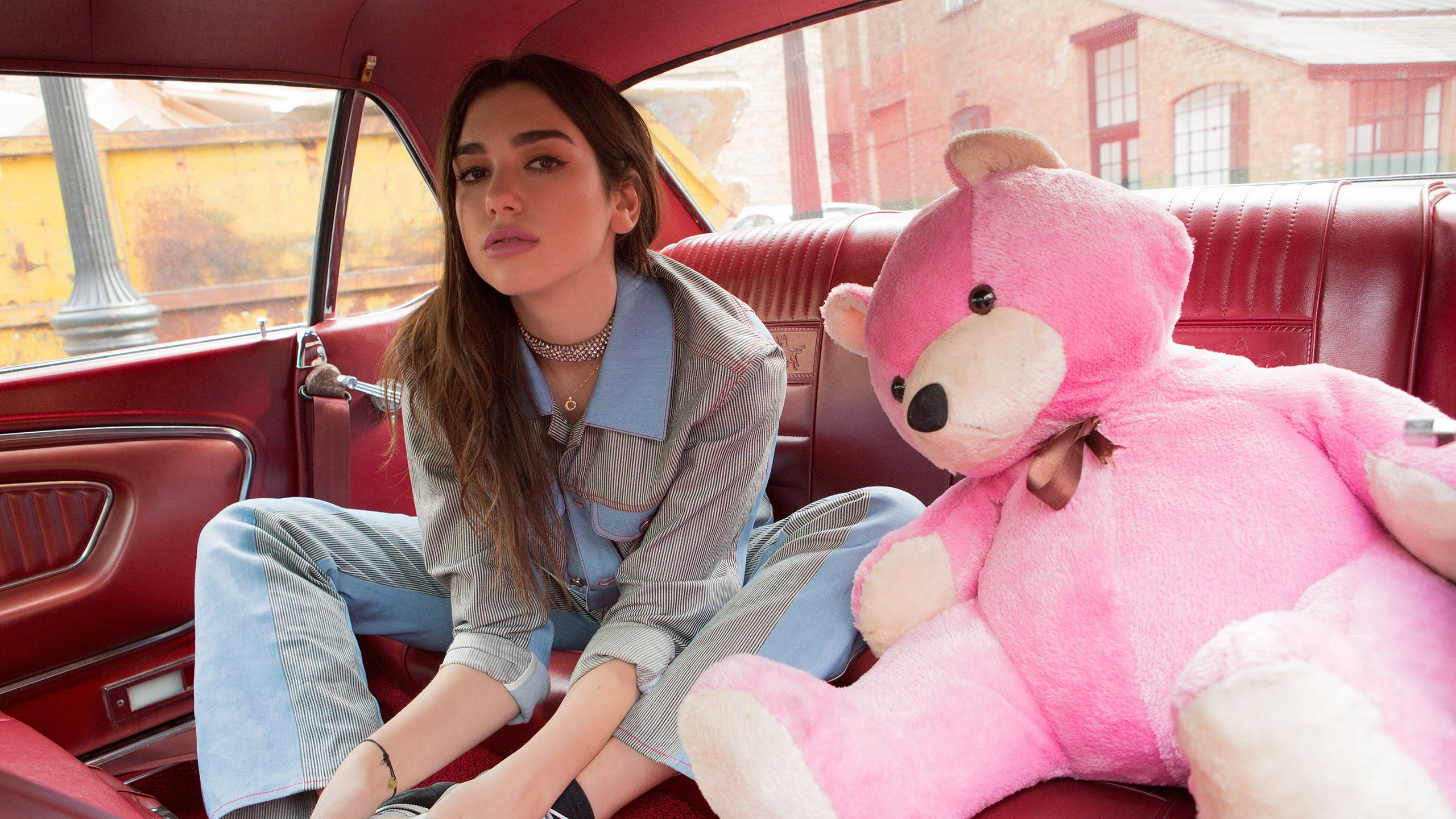 Dua Lipa 與粉紅泰迪熊 壁紙 — 一位年輕女性坐在復古紅色汽車的後座，旁邊有一隻巨大的粉紅色泰迪熊望著窗外。