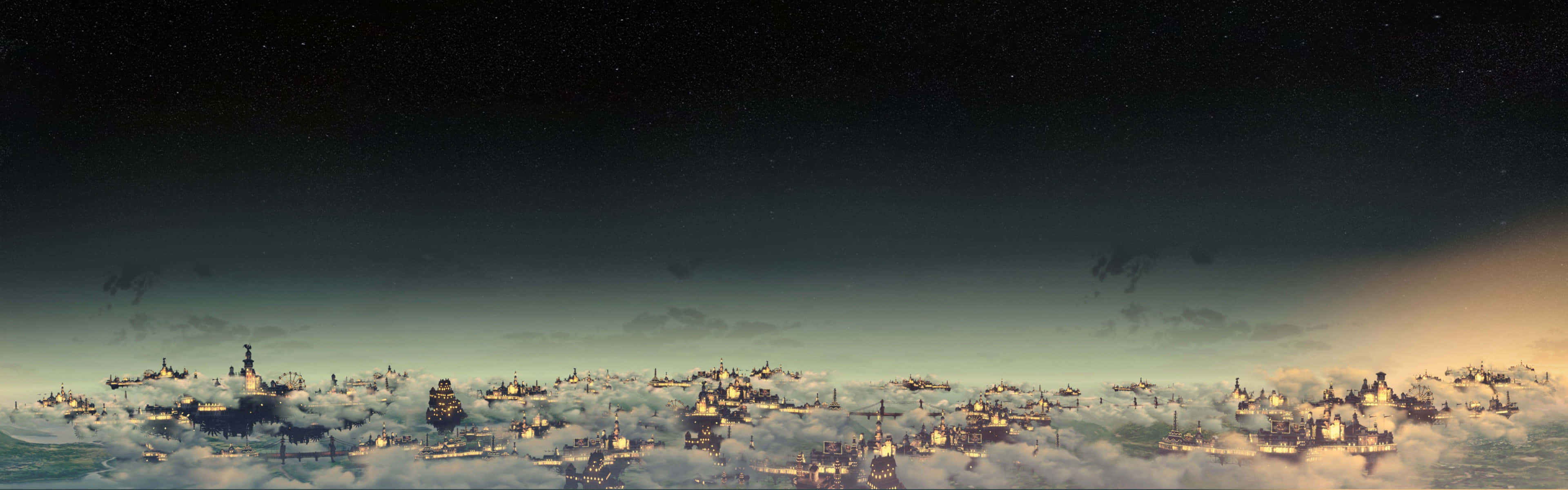 暮色中雲端上的漂浮城市，閃爍燈光與星空。