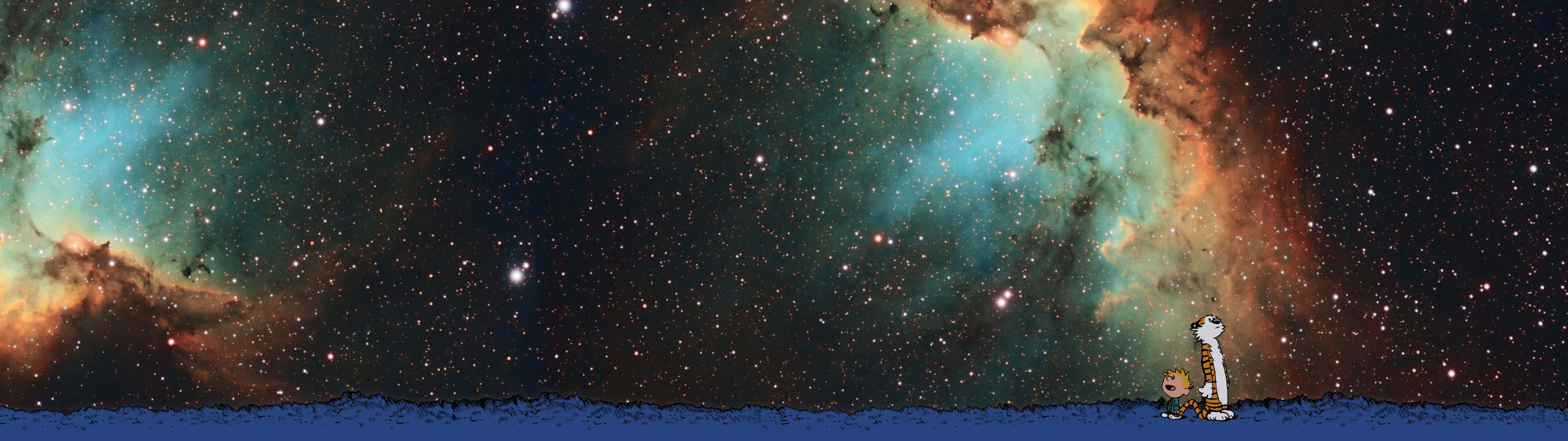 兩隻卡通貓仰望色彩繽紛的星空星雲。