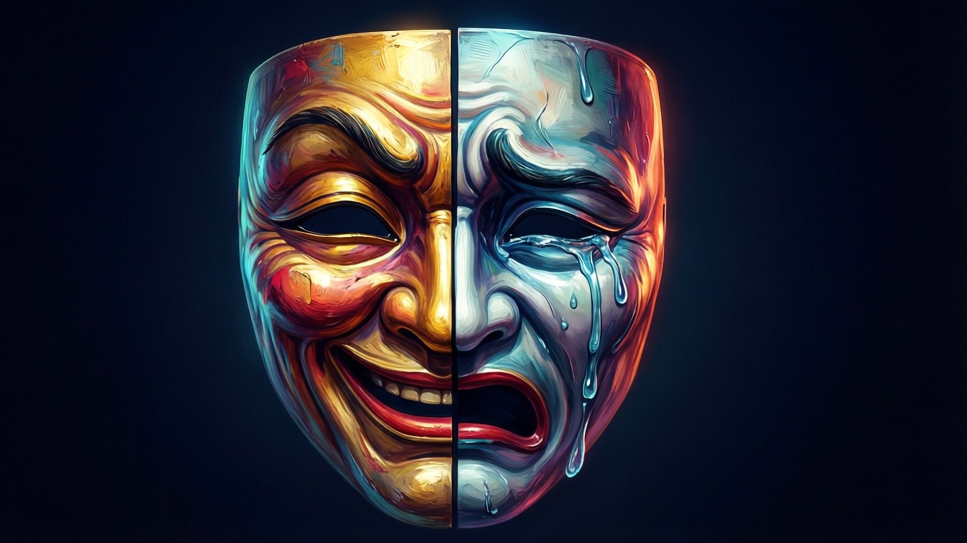 一個分裂的面具，一半微笑金色，一半哭泣銀色帶有淚水，背景為深色