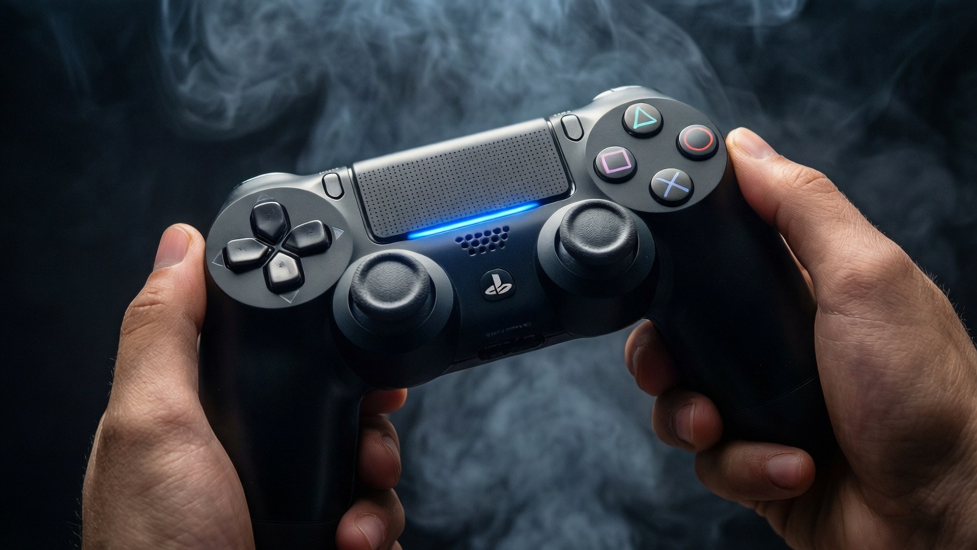 手在煙霧黑暗中握著發出藍光的PlayStation控制器