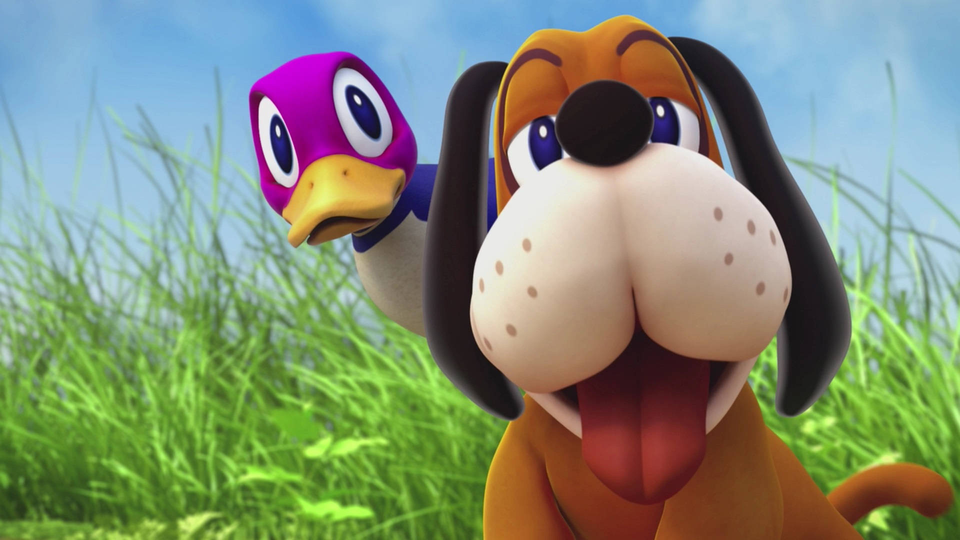 Duck Hunt 3D 狗與鴨 壁紙 — 一隻開心的卡通狗，有紫色鴨仔朋友喺藍天底下嘅高綠色草後面偷望。