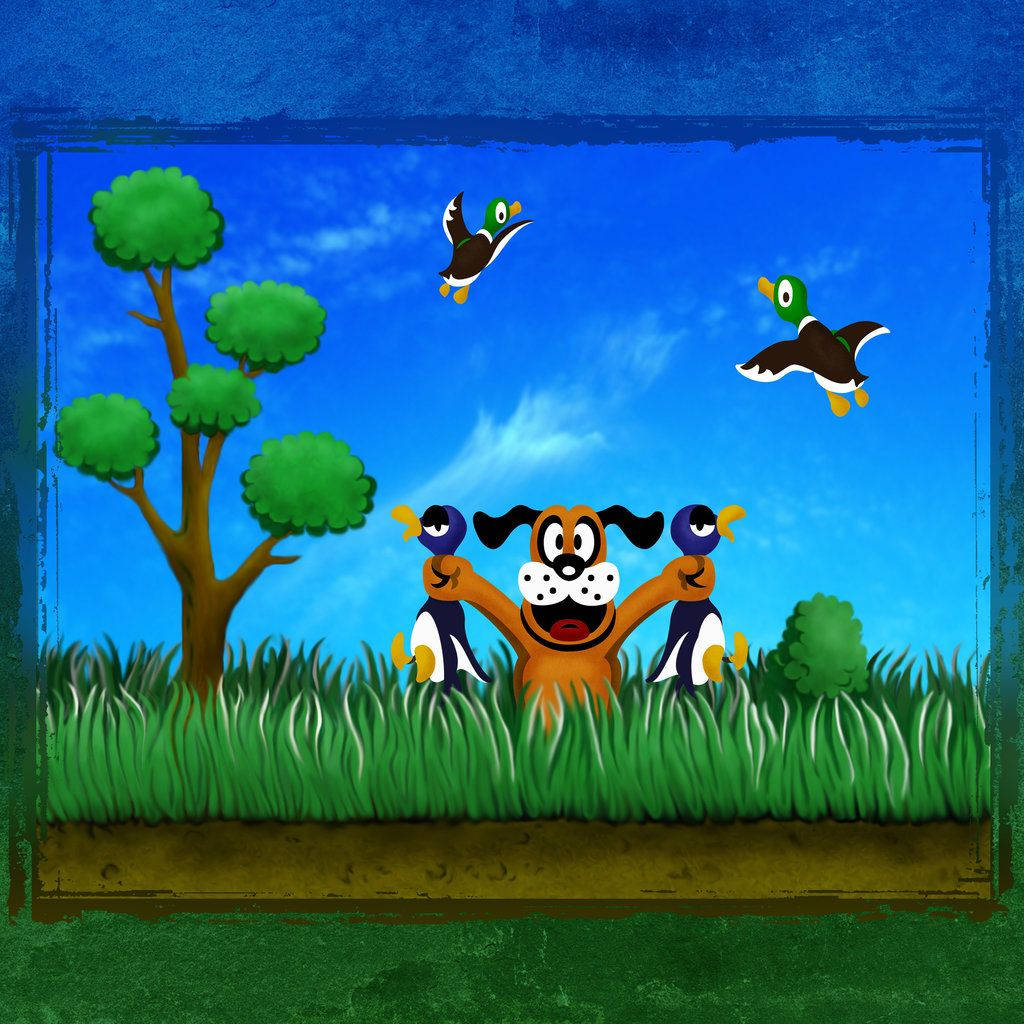 Duck Hunt 數位繪畫 壁紙 — 一隻卡通狗高興地抱著兩隻企鵝，兩隻鴨子在明亮的藍天下飛過頭頂。