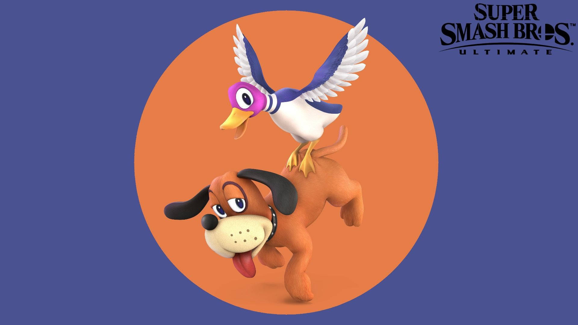 Duck Hunt 雙主角 Super Smash Bros Ultimate 壁紙 — 一隻卡通鴨子棲息在一隻奔跑的狗身上，位於藍色背景上充滿活力的橙色圓圈內。