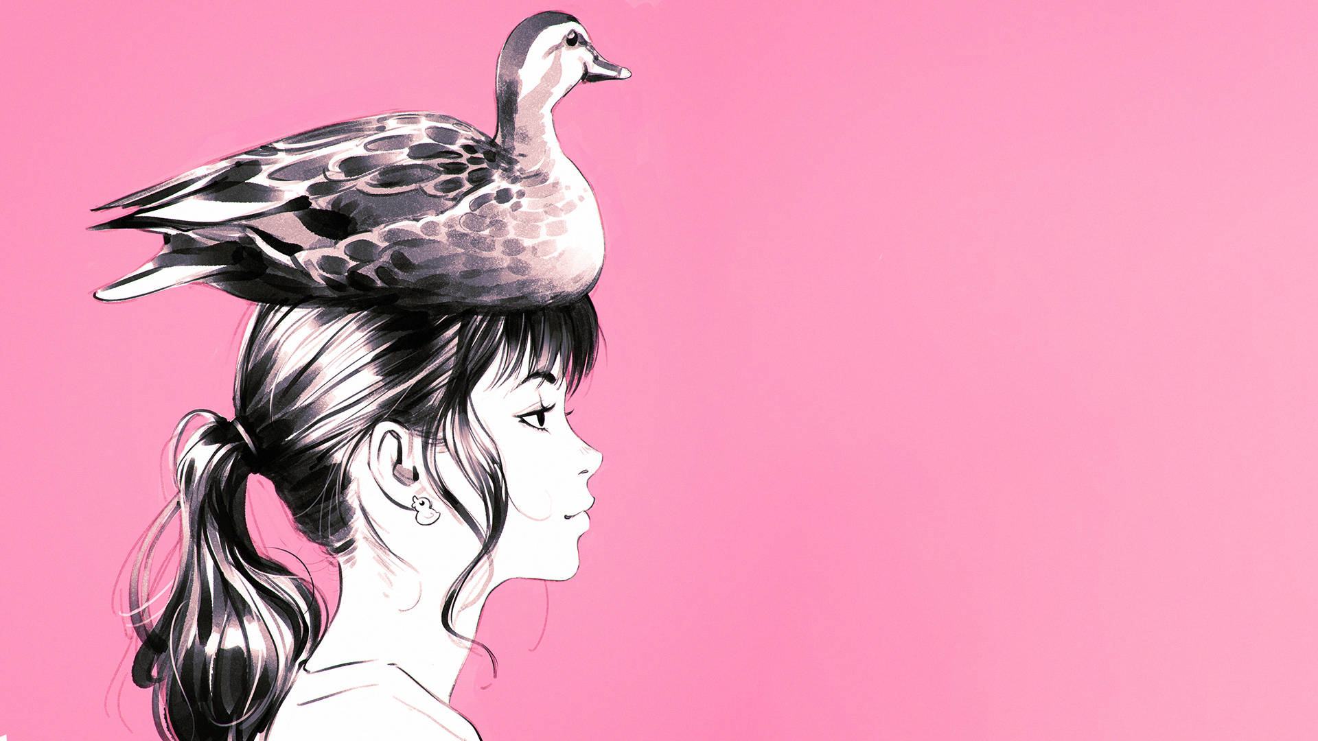 粉紅背景下的鴨子女士藝術畫壁紙。