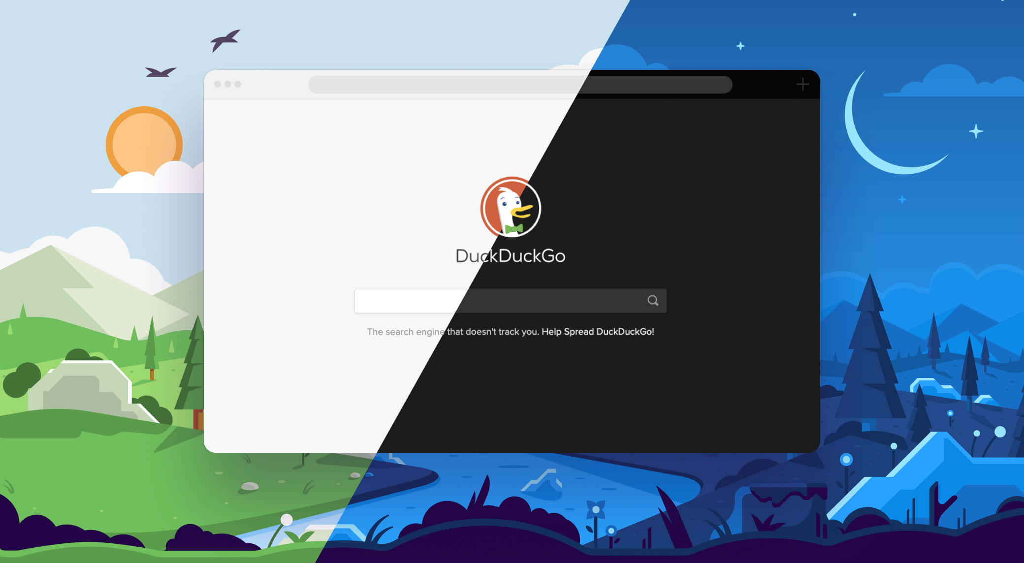 Duckduckgo 桌布 壁紙 — DuckDuckGo 瀏覽器視窗將新月下的活力日間風景與寧靜的夜間森林分隔開來。