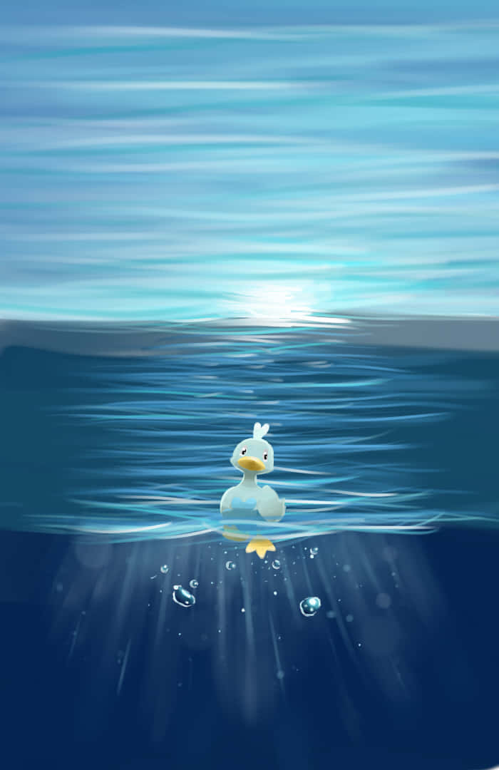 Ducklett 在海洋上 壁紙 — 一隻可愛的白鴨靜靜地漂浮在水面上，陽光穿過深藍色的海洋照射下來。