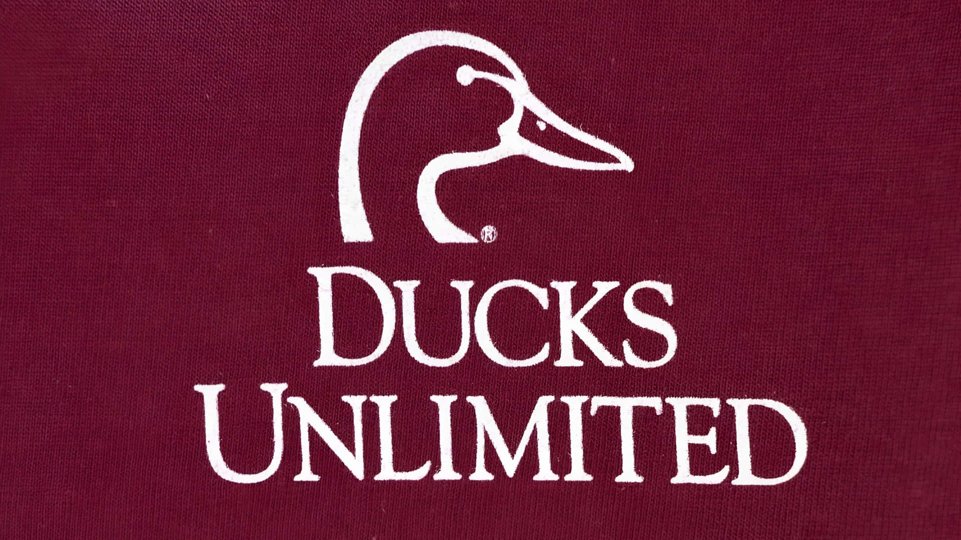 Ducks Unlimited 標誌 壁紙 — 一個清晰的白色 Ducks Unlimited 標誌，帶有風格化的鴨頭和粗體文字，在帶有紋理的栗色布料背景上脫穎而出。