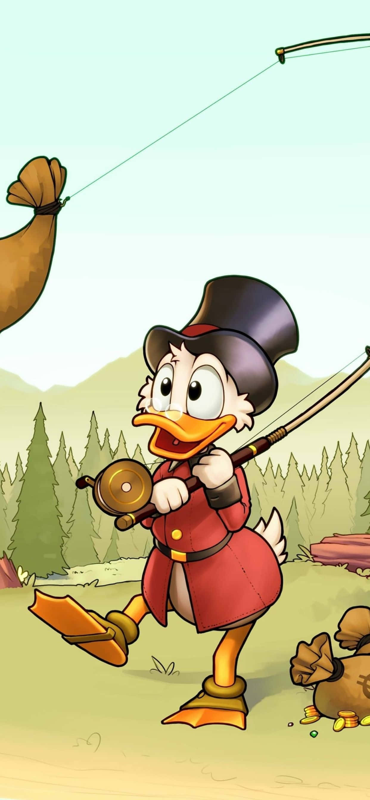 iPhone XS Max 桌布 壁紙 — DuckTales 史高治·麥德在紅色外套和高帽下，愉快地拉起一條裝滿金幣的巨型魚線。