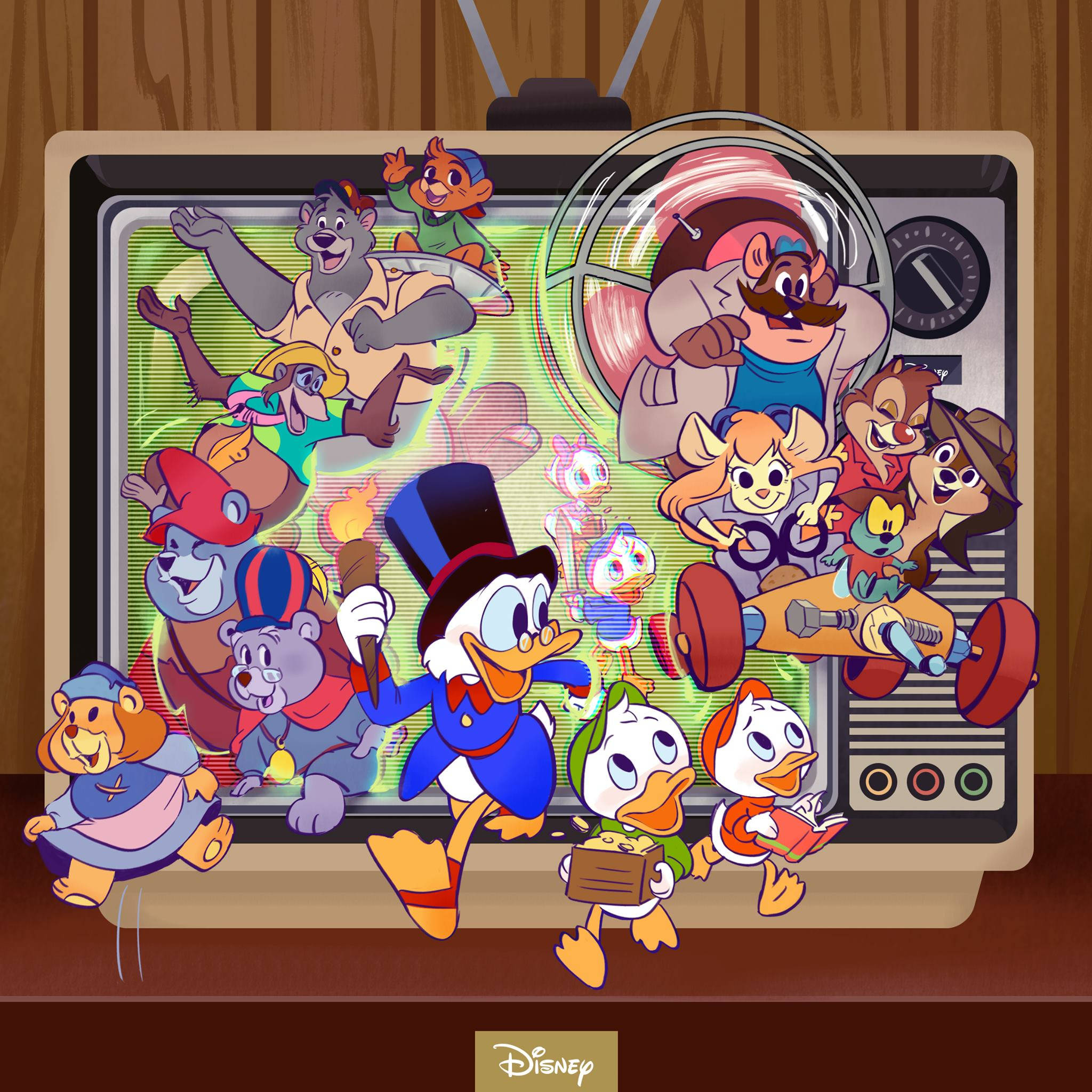 DuckTales 在迪士尼下午時段 壁紙 — 經典卡通角色從舊電視屏幕中迸發出來，形成一幅充滿活力、懷舊的數位插圖。