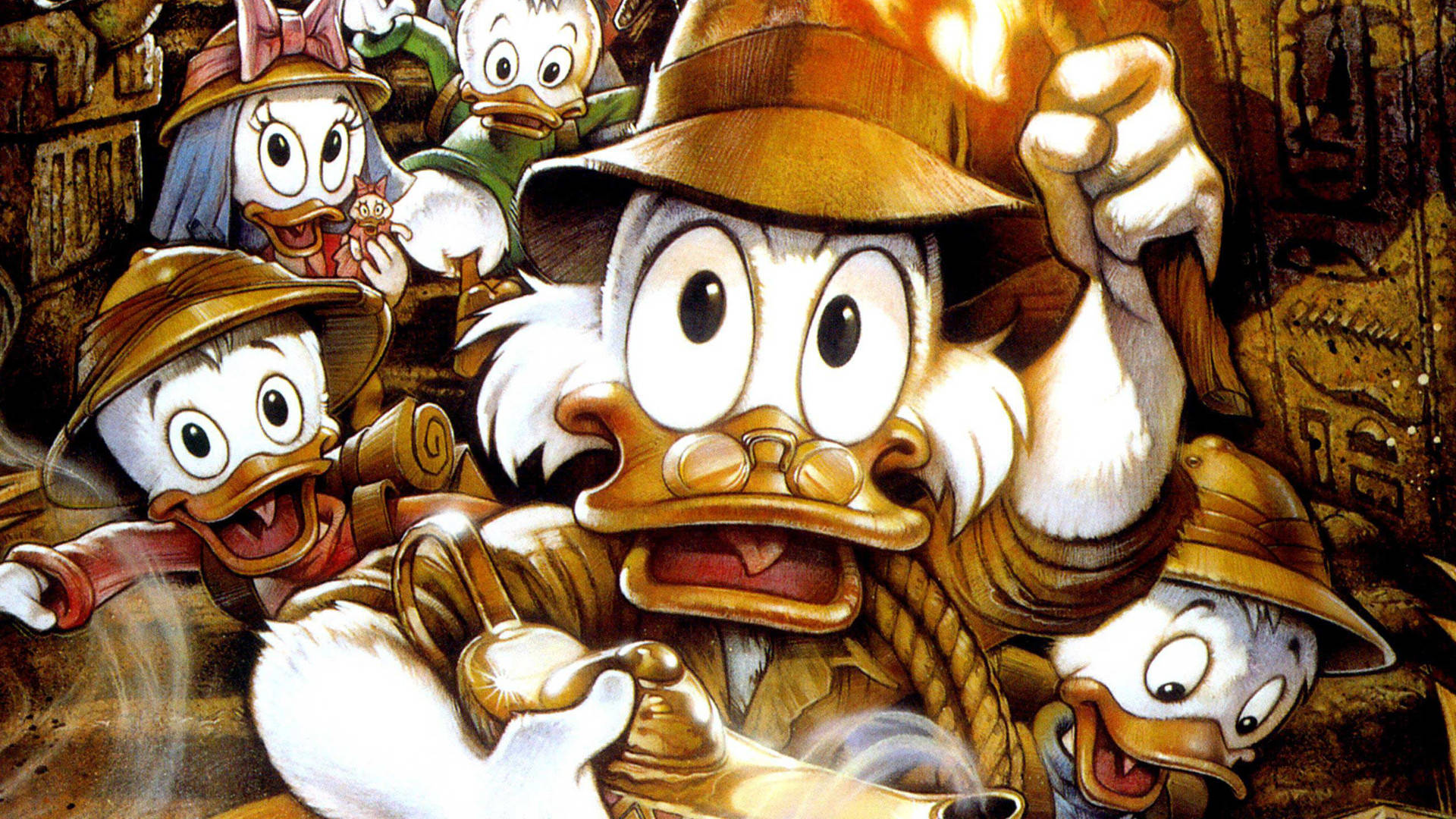 DuckTales 失落的燈 壁紙 — 冒險裝備的唐老鴨俱樂部團隊，手持熾熱火炬，帶著興奮表情衝破古老寺廟遺跡。