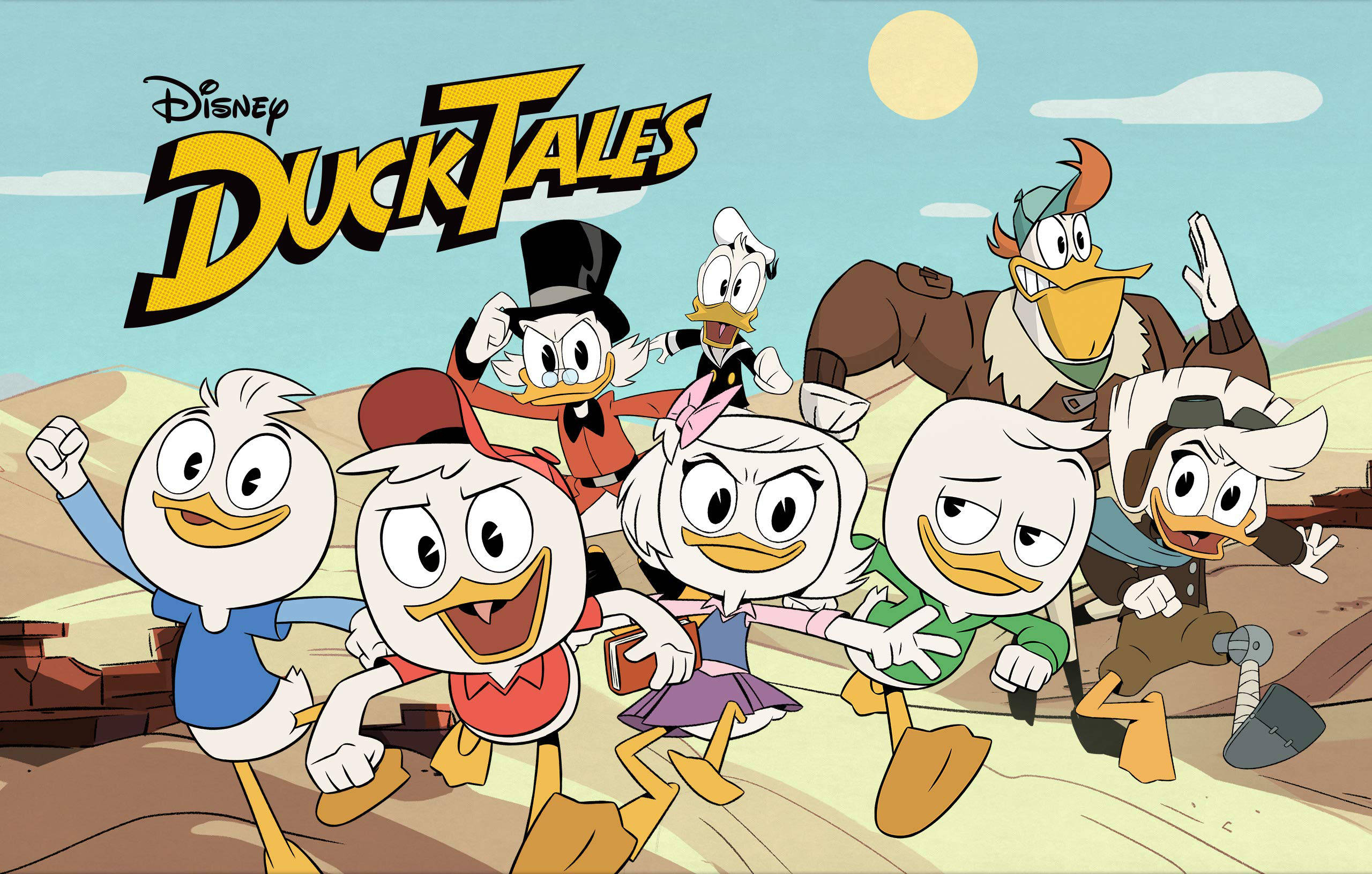 DuckTales 第三季 壁紙 — DuckTales 嘅團隊喺烈日下開心噉跑過沙漠景觀，上面有節目嘅標誌。