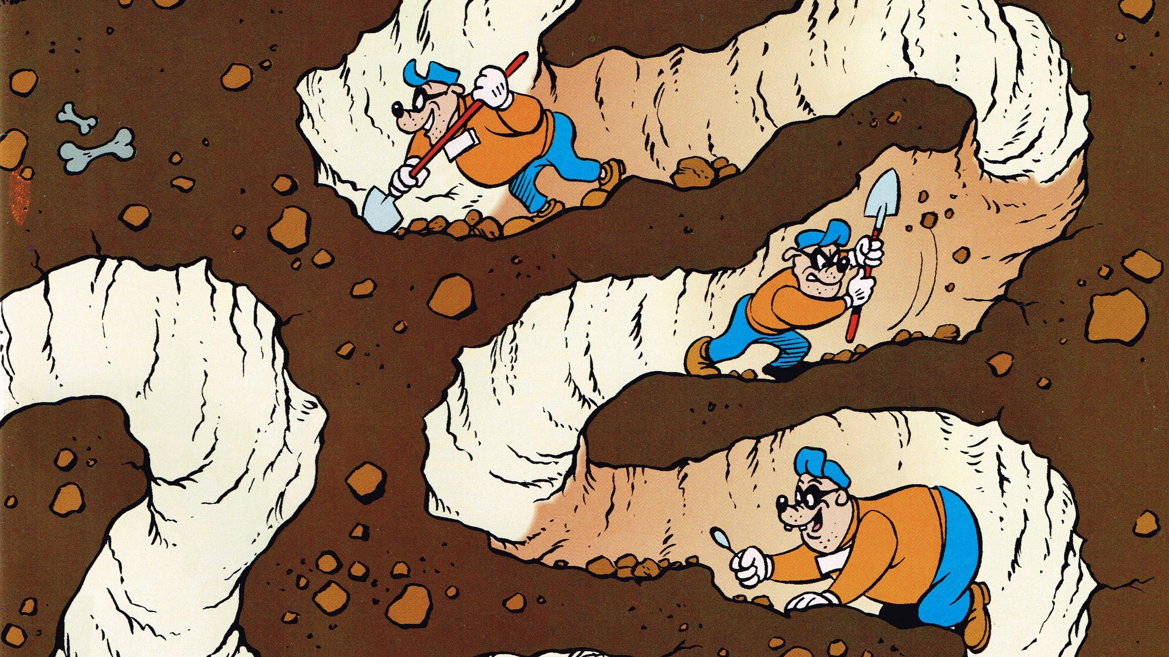 DuckTales 與 Beagle Boys 冒險 壁紙 — 三個卡通礦工穿著橙色襯衫和藍色頭盔，用鏟子和鎬在岩石洞穴中挖掘。