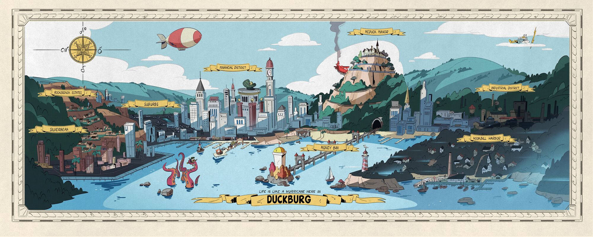 DuckTales 鎮 壁紙 — 一幅色彩繽紛的鴨堡插圖地圖，展示一個河邊城市，擁有鐘樓和山頂堡壘等地標，藍天白雲下有飛行車輛。