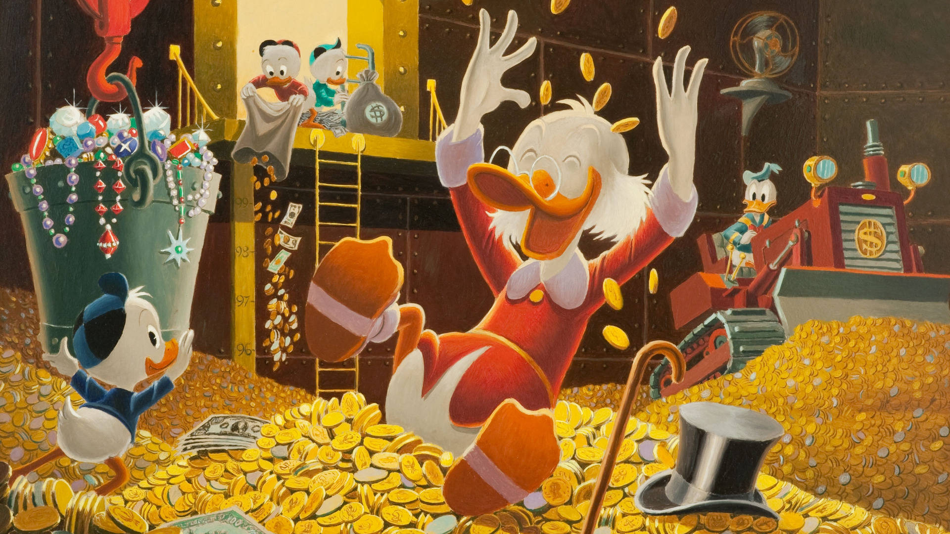 DuckTales 電影 壁紙 — 史高治·麥克達克在他的金庫中慶祝，金庫裡堆滿了金幣、珠寶和金錢，他的小鴨們在周圍玩耍。