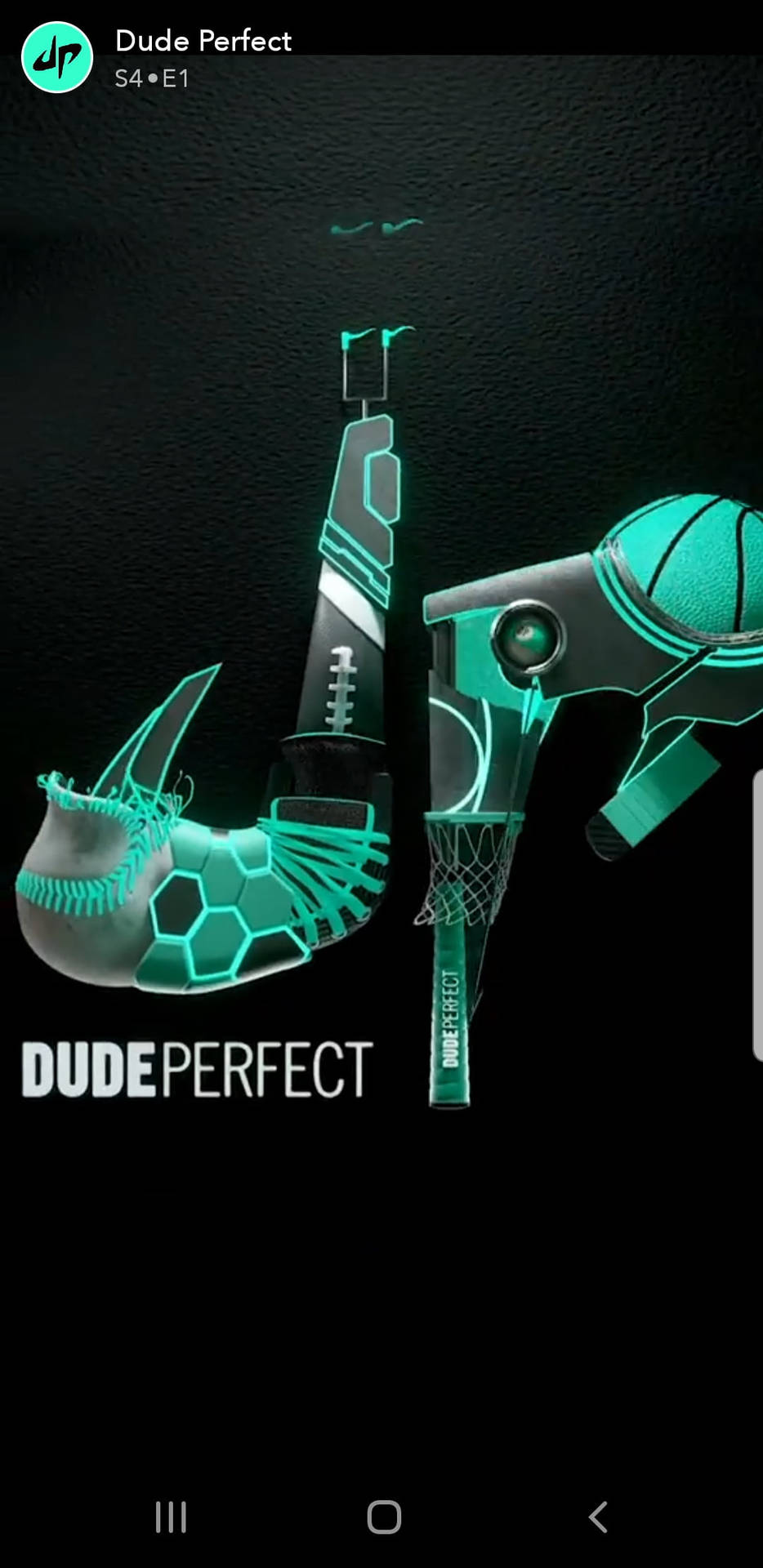 Dude Perfect 手機應用推文壁紙 壁紙 — 發光的青綠色運動裝備，包括籃球框、足球和橄欖球，排列成風格化的標誌，背景為黑色紋理。