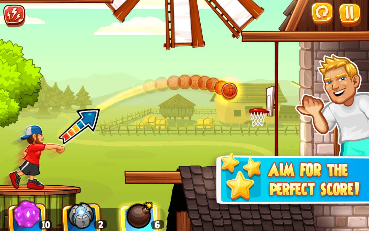 Dude Perfect 移動遊戲籃球 壁紙 — 一個穿著紅色襯衫的卡通男孩在明亮的農場場景中，向籃框投擲籃球，旁邊有一位微笑的教練。