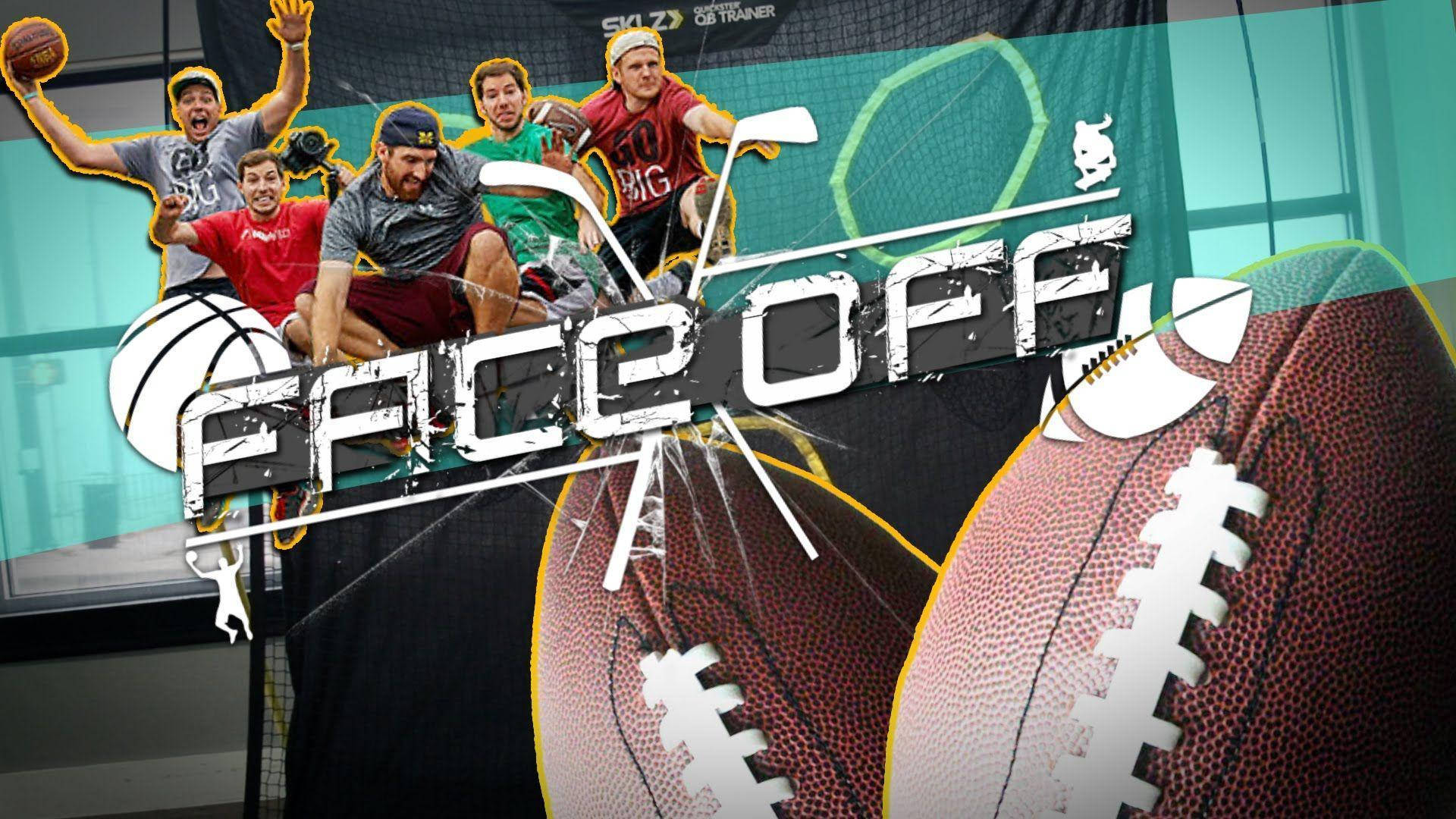 Dude Perfect 面對決美式足球 壁紙 — 充滿活力的運動員拼貼畫，展示運動裝備和粗體「FACE OFF」文字。