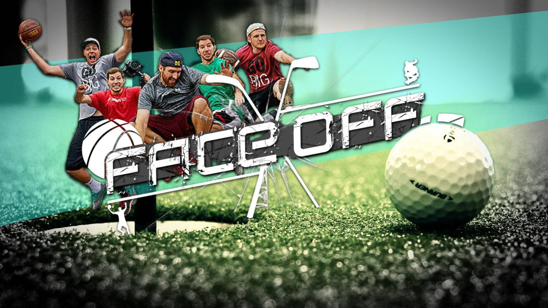 Dude Perfect 面對決高爾夫 壁紙 — 動感拼貼，運動員在充滿活力的青綠色和綠色背景上進行動作，配備運動裝備。