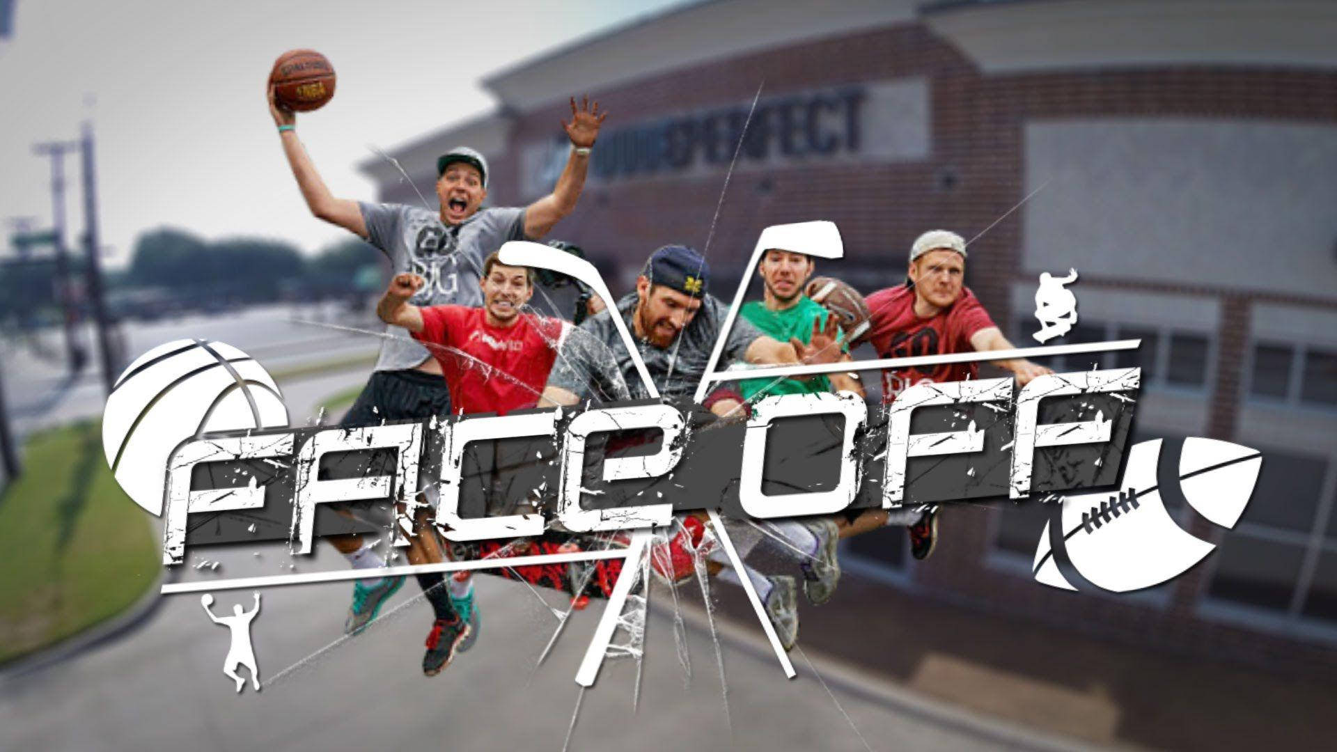 Dude Perfect 面對決運動 壁紙 — 五位充滿活力的運動員在動態的體育蒙太奇中躍起，背景是模糊的學校，配備籃球、足球和長曲棍球裝備。