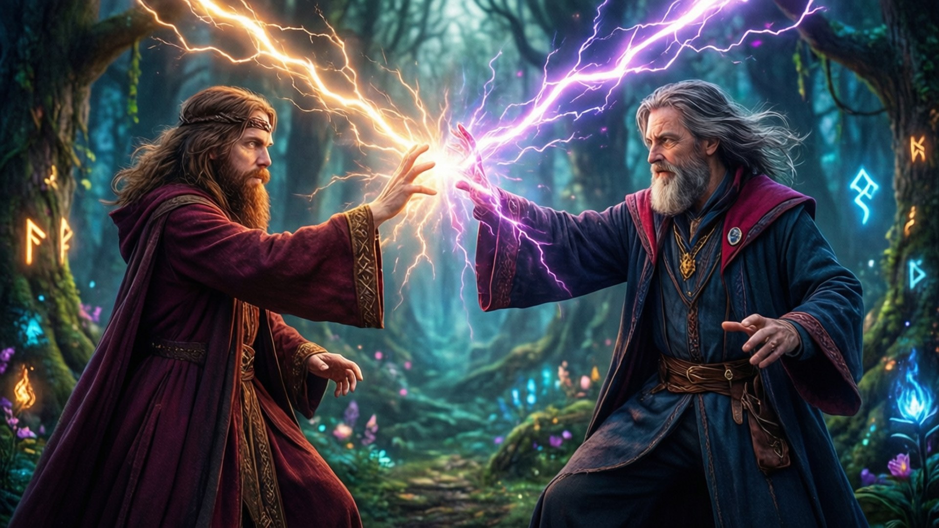 Two wizards duel with magical lightning in a glowing enchanted forest. 壁紙