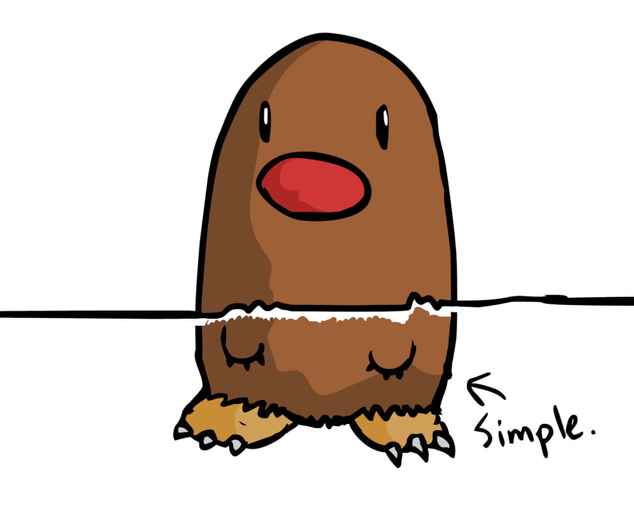 動感 Dugtrio 與 Diglett 的寶可夢冒險 壁紙 — 一隻簡單的卡通鼴鼠在純白色背景上，閉著眼睛，紅鼻子，從一條線上方探出頭來。